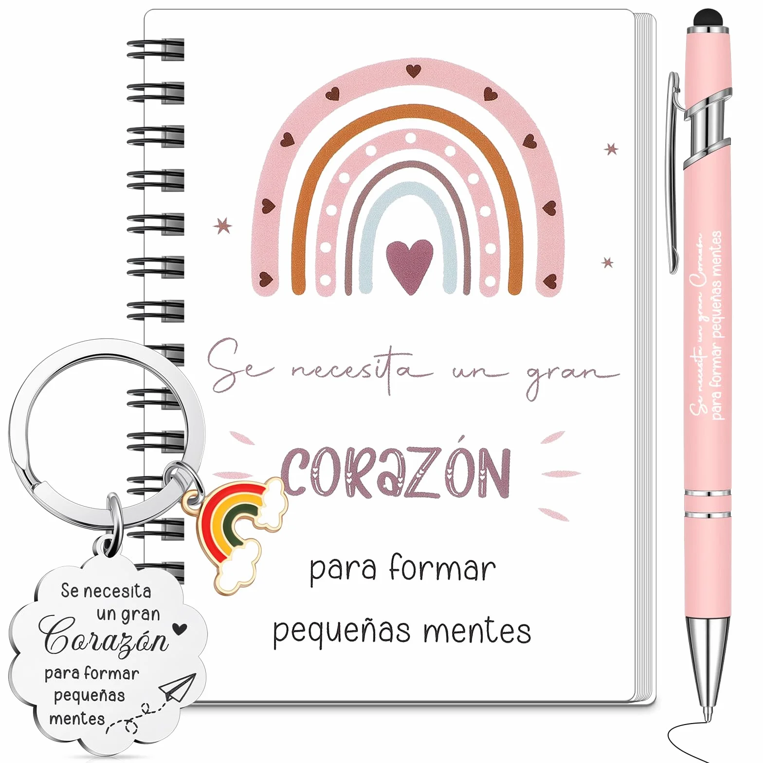 Sinmoe 3 Regalos de Agradecimiento para Maestra Profesora Cuaderno en Espiral Bolígrafo Retráctil Llavero Fin de Curso (Arcoíris, Blanco)