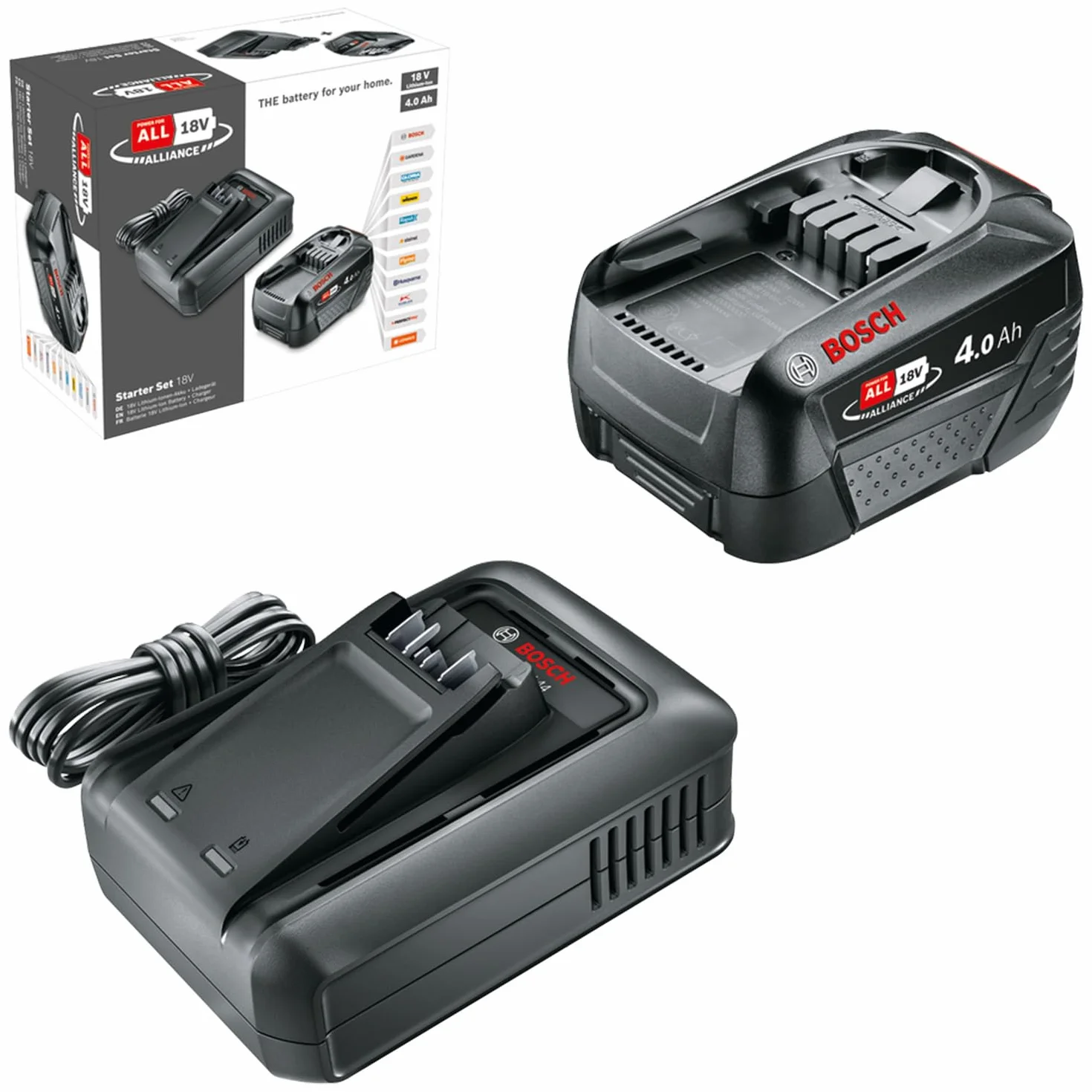 Bosch Kit básico de batería y cargador rápido Starter Set 18V (1 batería de litio de 4,0Ah; 1 cargador rápido; 18V POWER FOR ALL ALLIANCE)