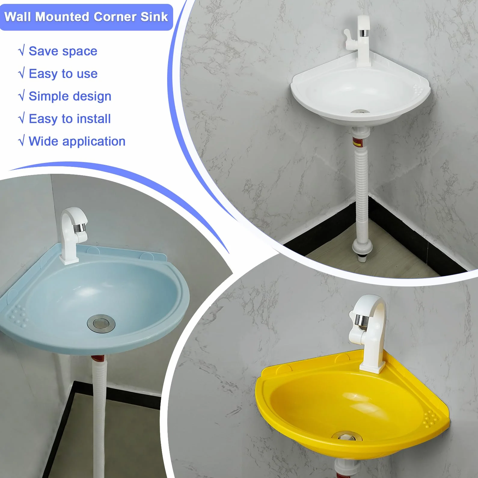 Lavabo de Esquina Pequeña de Plástico Para Baño, Fregadero de Montaje En Pared Suspendido Con Grifo y Juego de Desagüe - Mini Para RV Wc Sótano