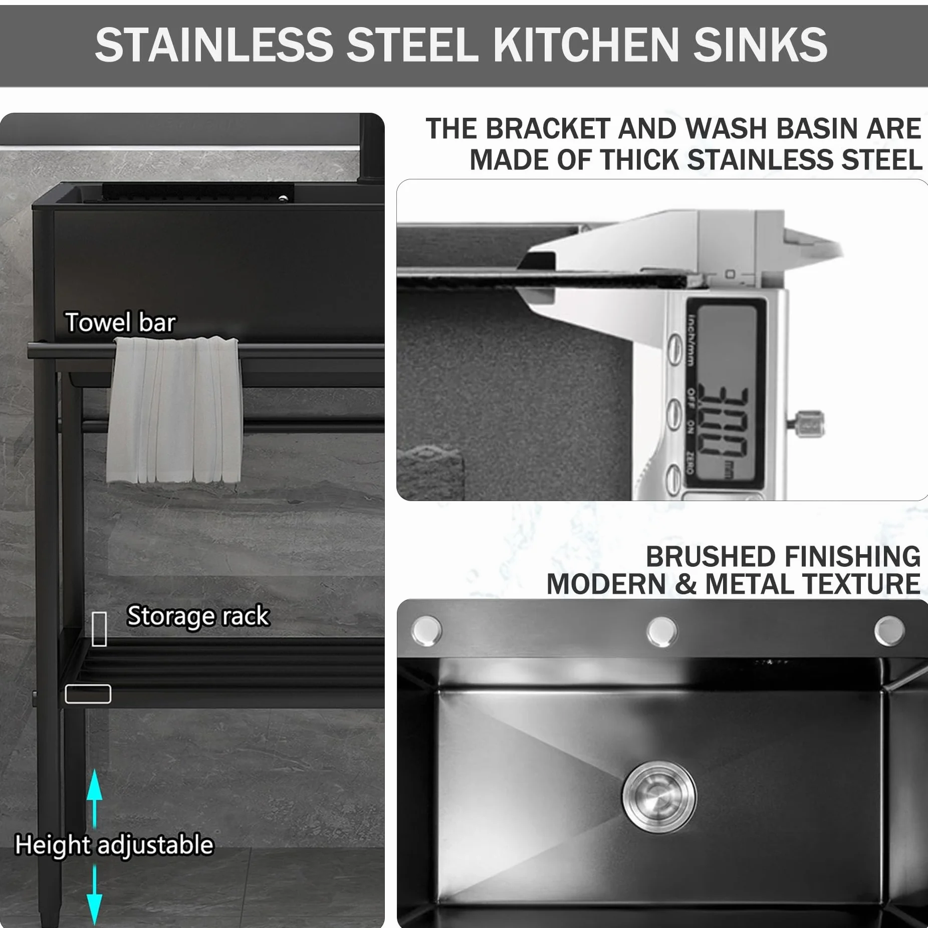 Fregadero Exterior Jardin,Fregadero de Acero Inoxidable,Fregadero de Cocina Negro, 1 Compartimento,Mueble Fregadero de baño con Grifo,para Restaurante Garaje Industrial Lavandería(60x45x86cm)