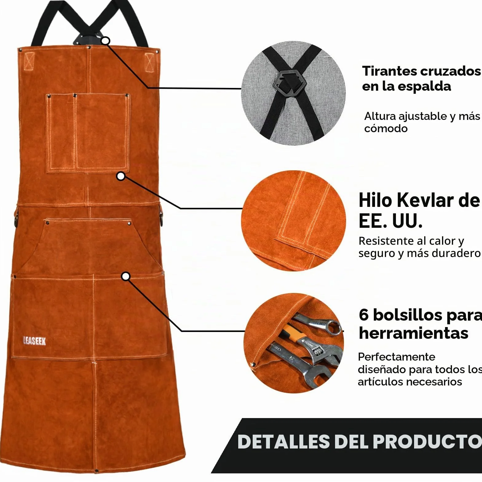 Leaseak Delantal de Cuero para Soldador, Mandil Reforzado Resistente al Calor e Ignífugo con 6 Bolsillos para Herramienta, Mandil Ajustable de M a XXL para Tareas Pesadas, Chef, Carpintería, Barbacoa