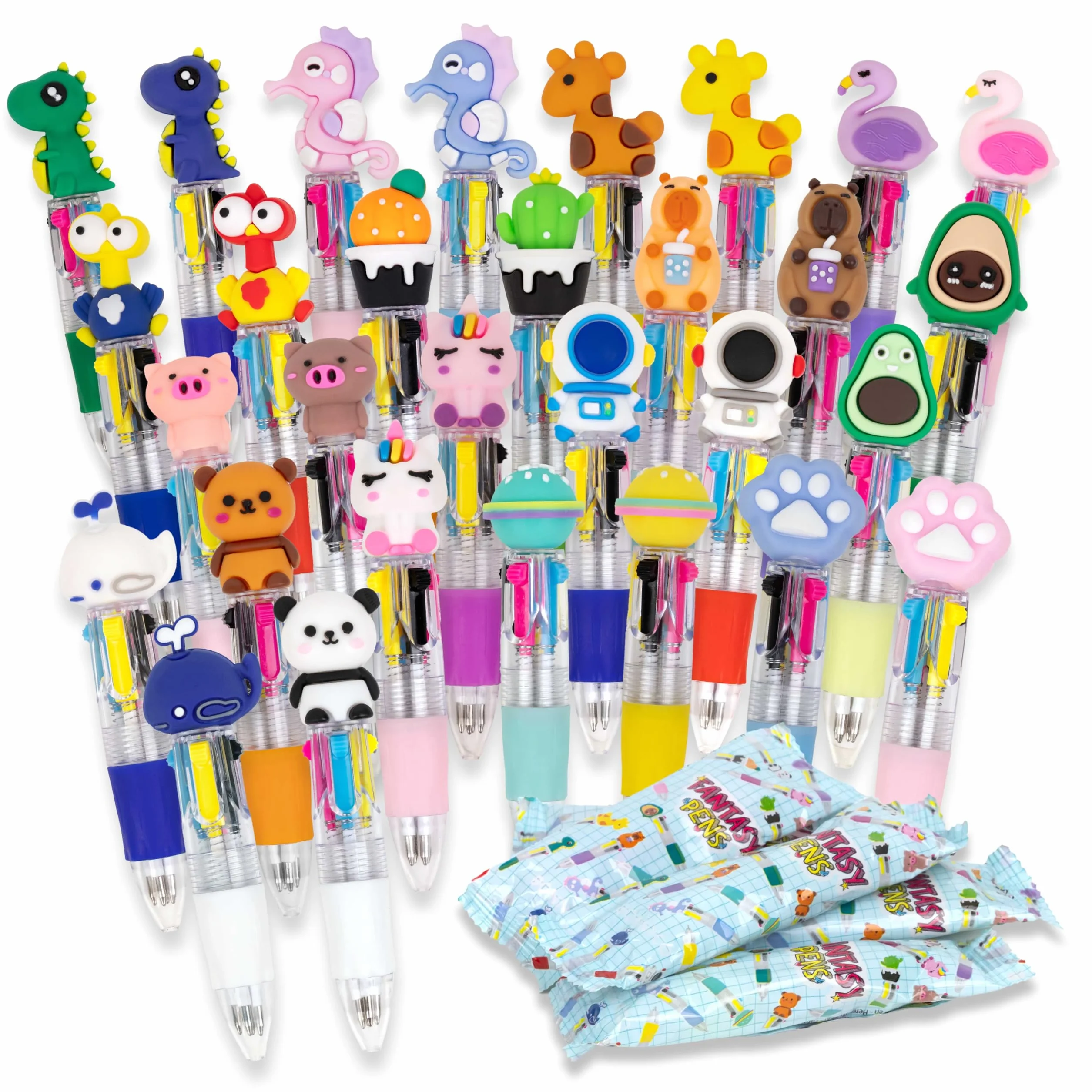 BONNYCO Boligrafo Multicolor 4 Colores con Figuras Divertidas, Pack 30 Regalos Cumpleaños Niños Colegio