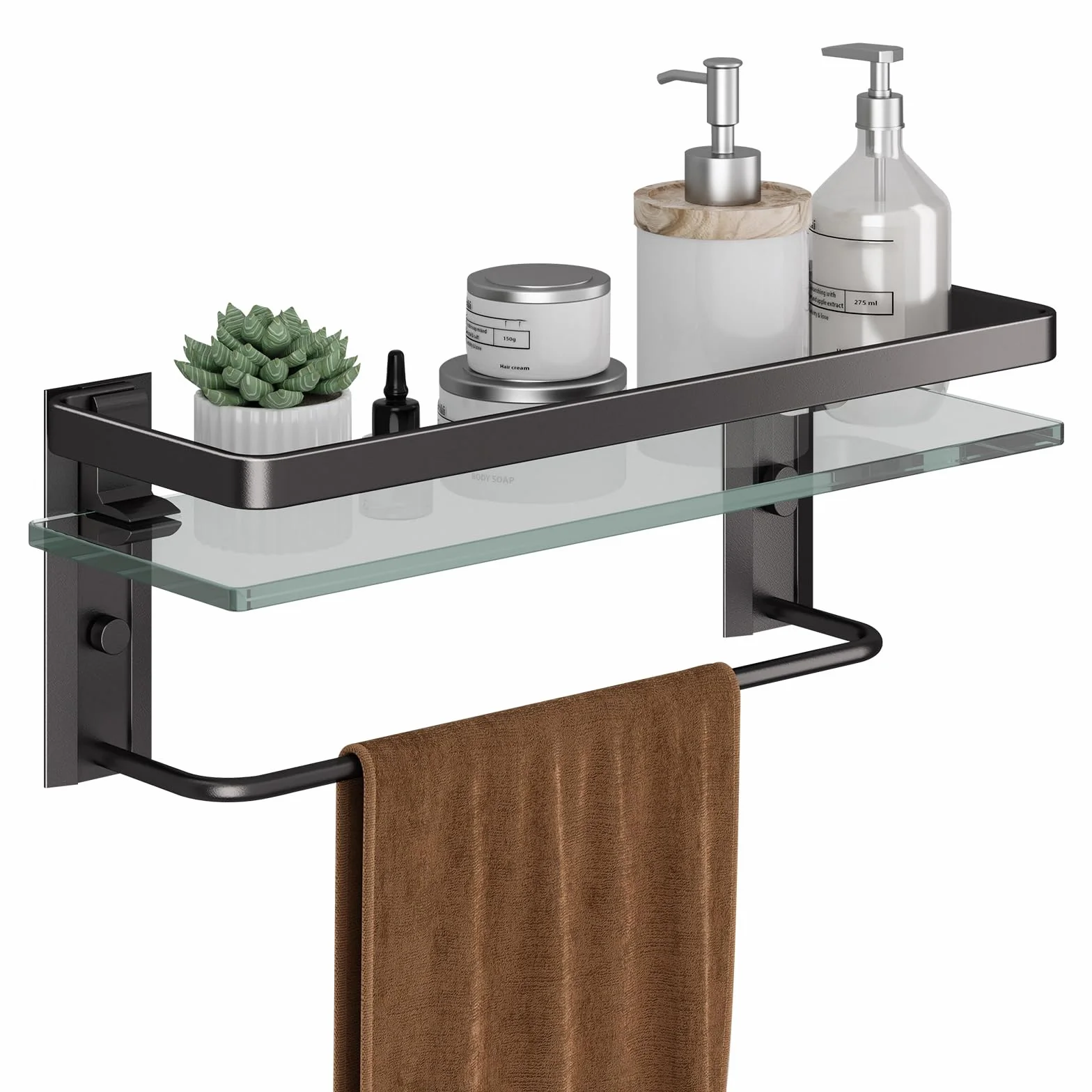 Danpoo Estantes de baño de cristal montado en la pared con toallero, estante organizador de baño, color negro