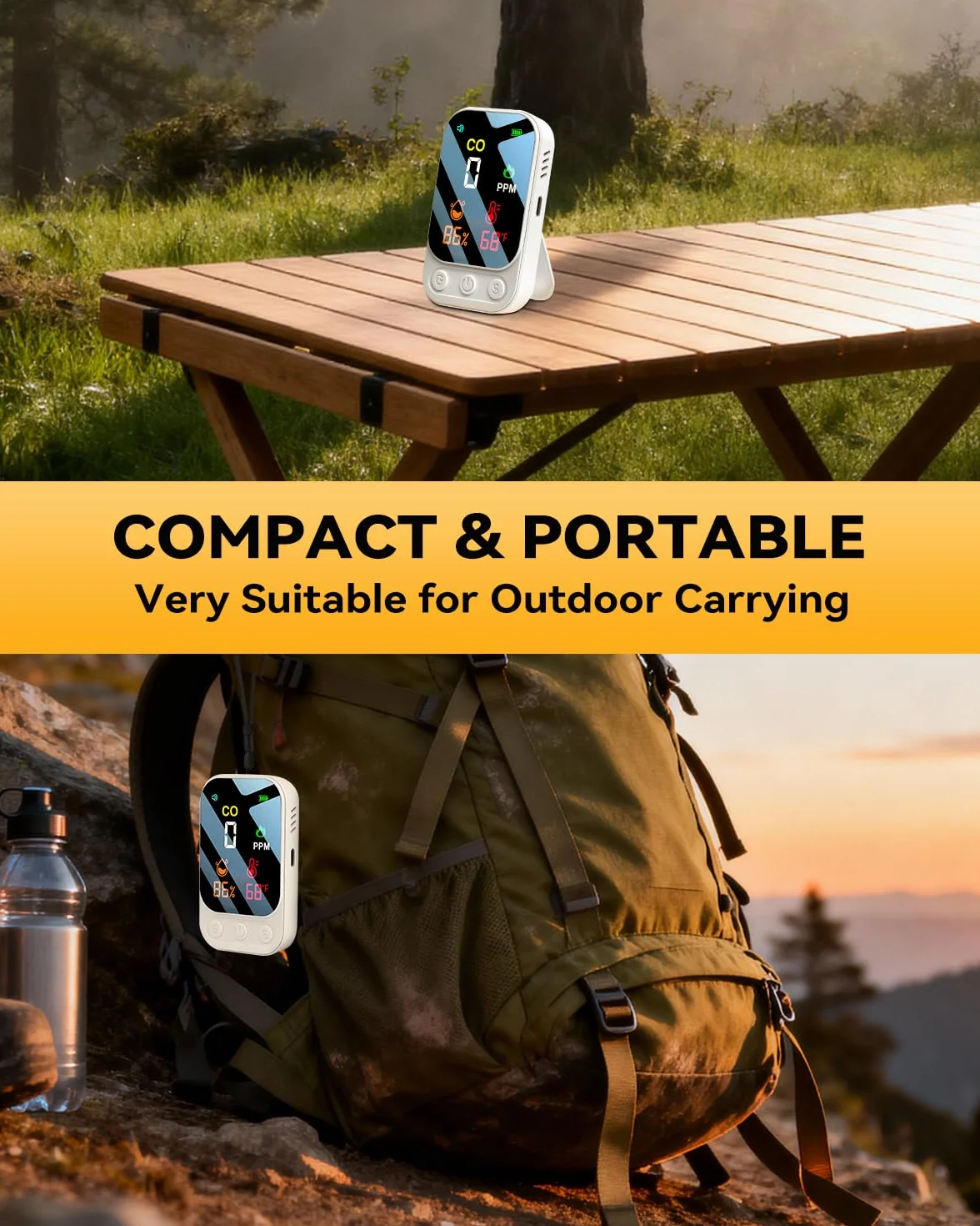 3 en 1 Detector Monóxido de Carbono Alarma De Monóxido Co Portable Carbon Monoxide Detector con Temperatura Humedad Alarma Audible y Visual para Viajes en Casa Camping Autocaravana