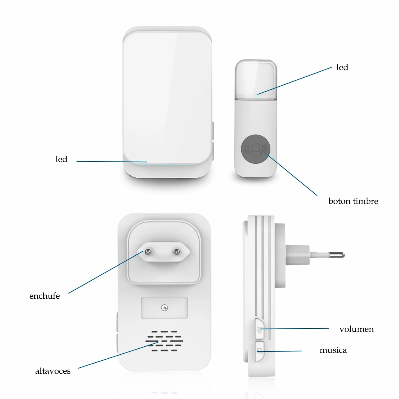 Timbre inalámbrico, Timbre de Puerta con Indicadores LED, Resistente al Agua (Blanco)