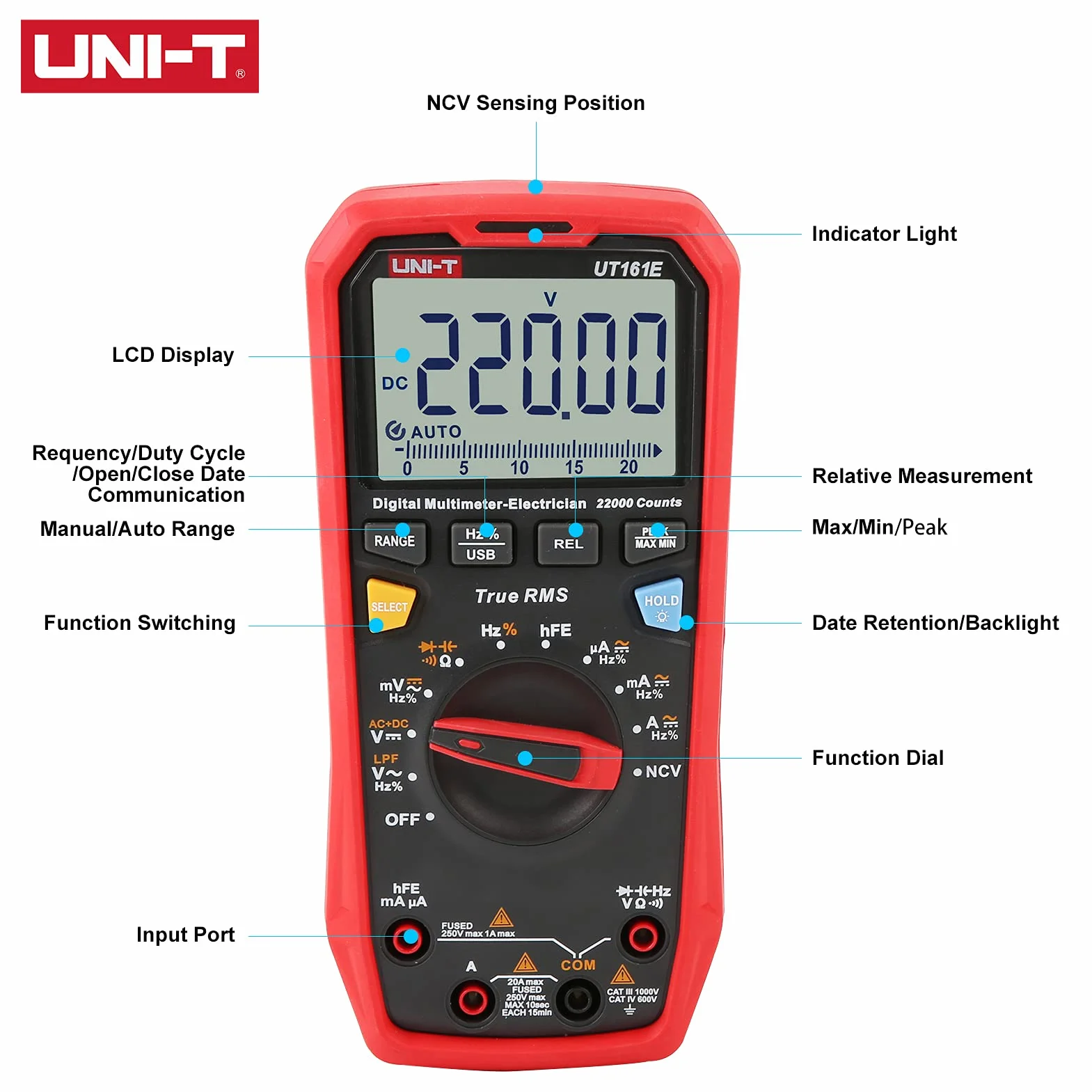 UNI-T UT161E True RMS Multímetro Digital, 1000 V AC/DC, 20A, 220MHz