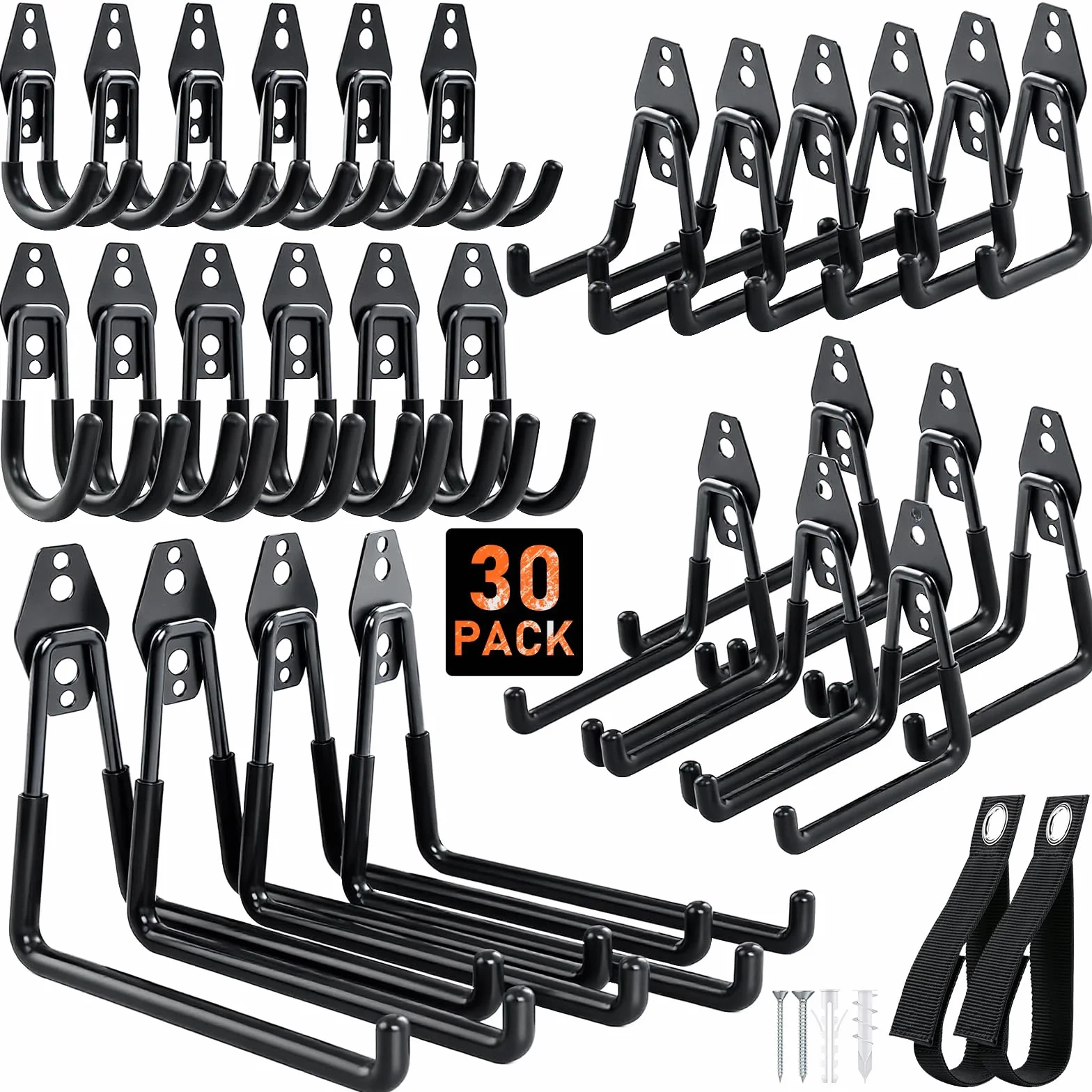 Housolution Ganchos de Acero, 30 Pcs, Negro | Antideslizante con Revestimiento Antideslizante,Ganchos Pared con Organizador de cables para Bikes, Herramientas, Escaleras
