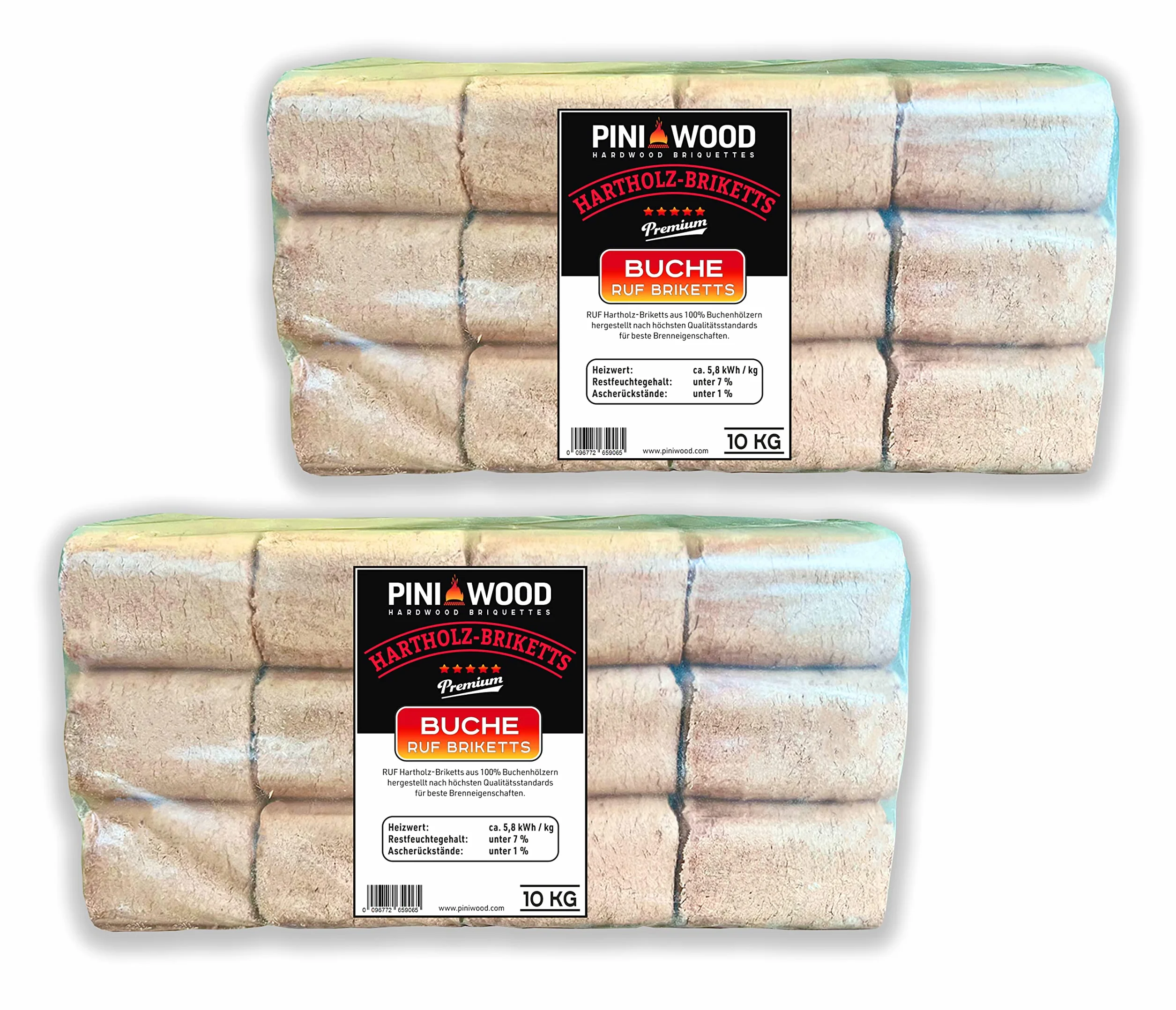 PINI Briquetas de madera, 100 % haya, briquetas de madera dura, RUF, chimenea, estufa, barbacoa, hoguera, leña, 20 kg