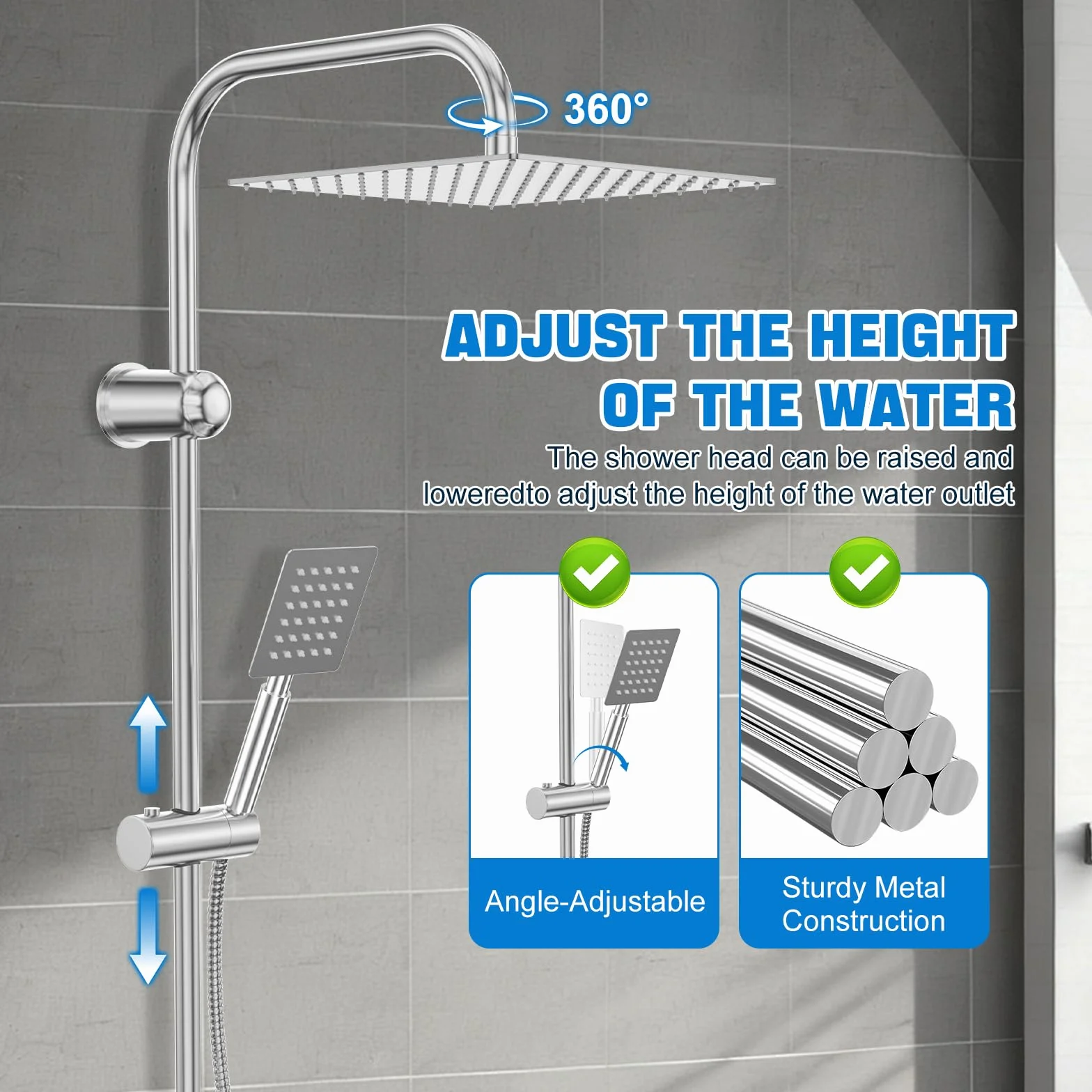 Columna Ducha Completa Acero Inoxidable Cromado Cabezal Lluvia 30x30 cm Soporte Ajustable