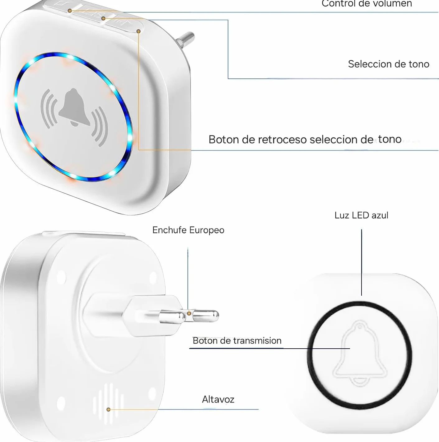 Timbre Inalámbrico Impermeable 300m, 2 Receptores, 38 Melodías, Blanco