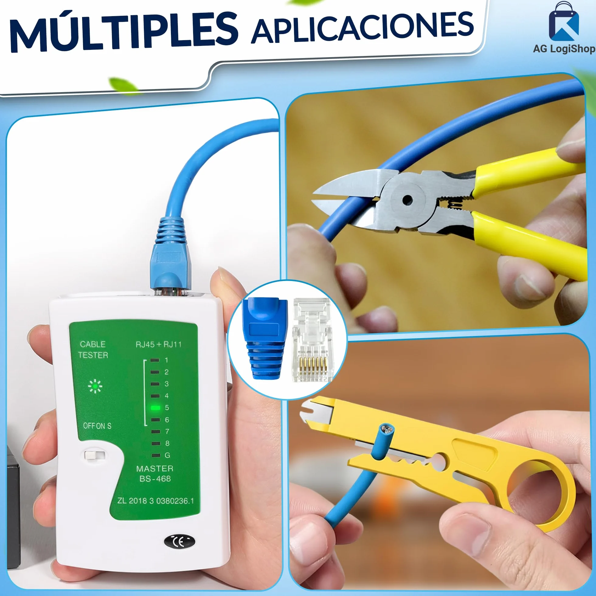 AG LogiShop Kit Herramienta de Crimpado RJ45 + Alicates + Pelacables + Comprobador de Conexión + 50pc Conectores + 50pc Fundas + Bolsa de Almacenamiento | Cat5/5e/6/7 + 6P/8P