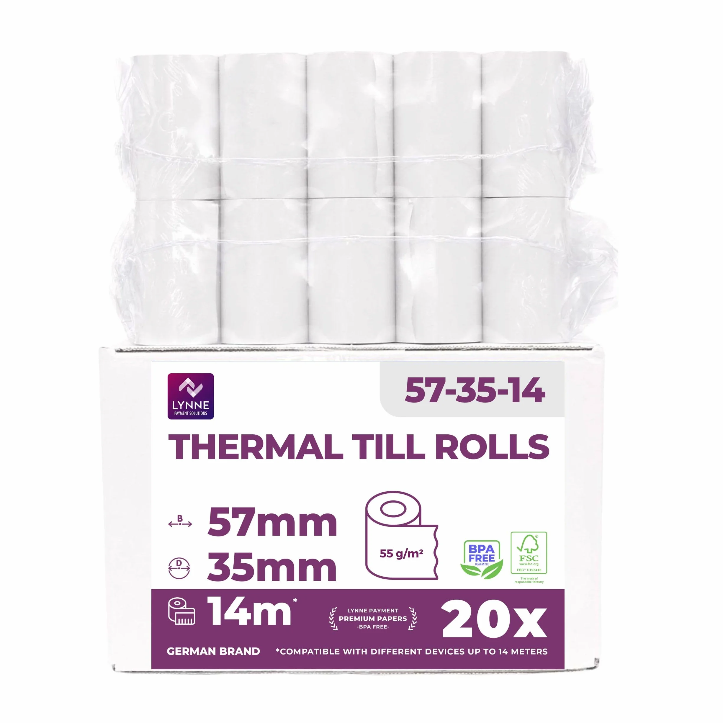 LYNNE - Rollos Papel Datafono Térmico 57x35x12mm para todos los TPV y las impresora térmica - Rollo papel térmico 57mm x 35mm x 14m - Ideal para máquinas de tarjetas de Crédito - Papel TPV [20x]