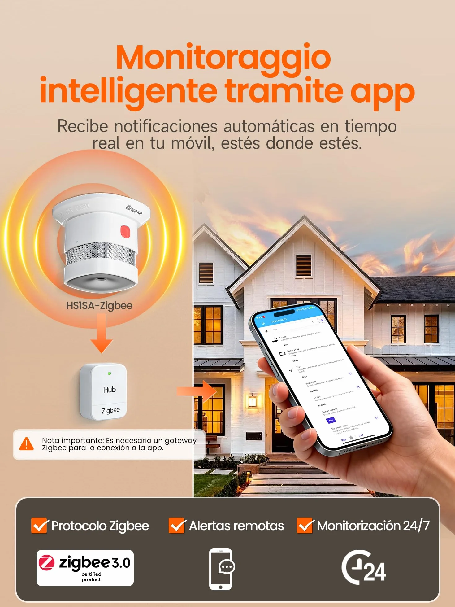 Heiman HS1SA-Z Zigbee Smart Detector de humo - Alta sensibilidad, fácil instalación, botón de prueba y silencio, 5 años de duración de la batería