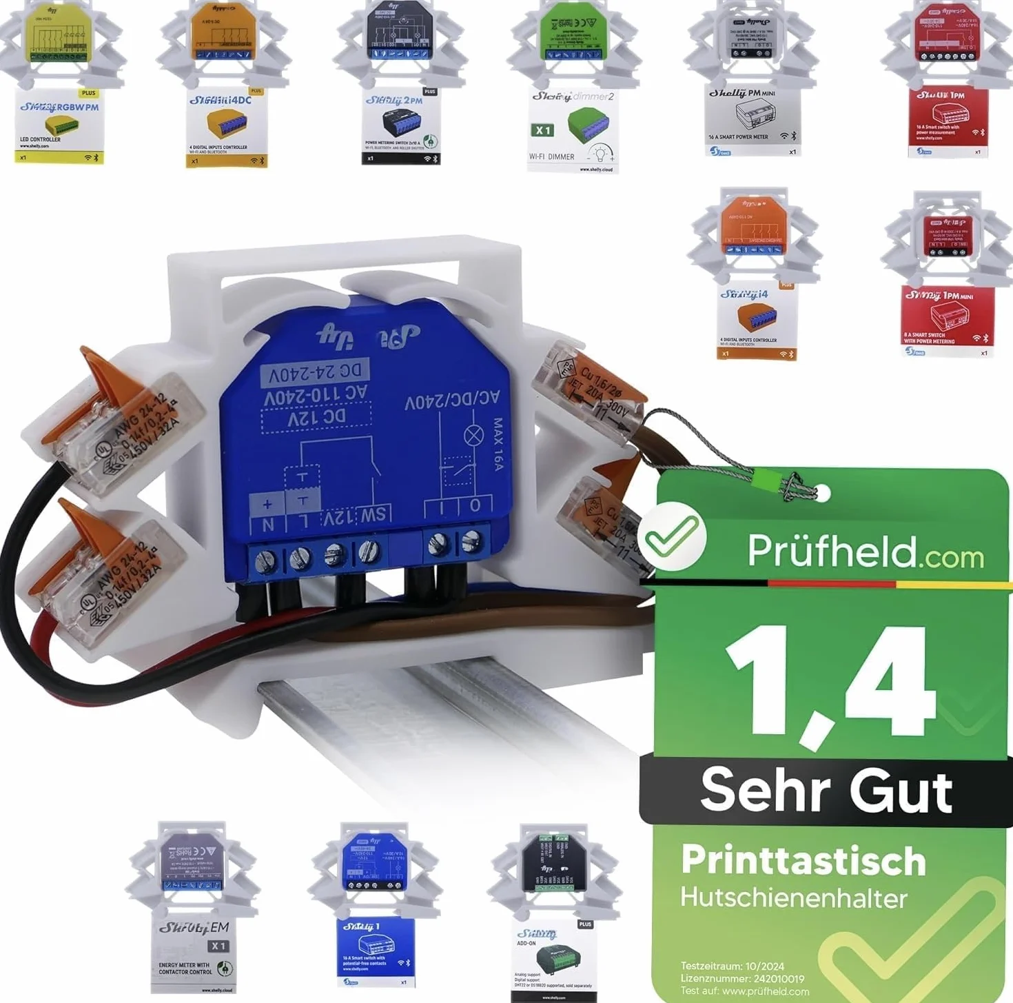 Soporte de montaje Printtastisch compatible con 42 modelos de relé Shelly – Plus 1, 1PM, 2PM, Mini, Gen3, Gen4, i4 DC, Regulador, RGBW2, Wave, EM, AddOn, DALI, Persiana – WAGO 221, PETG, 4 unidades