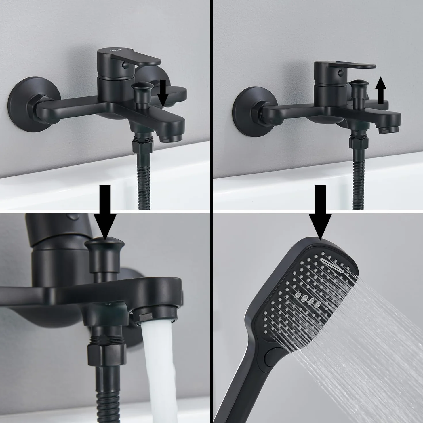 Grifo Bañera Negro, Grifo Bañera y ducha de Latón, Mezlador Monomando Ducha con Caño Bañera, Grifo Bañera Mural para Baño, Grifo para Ducha y Bañera, Universal 1/2" Salida Inferior