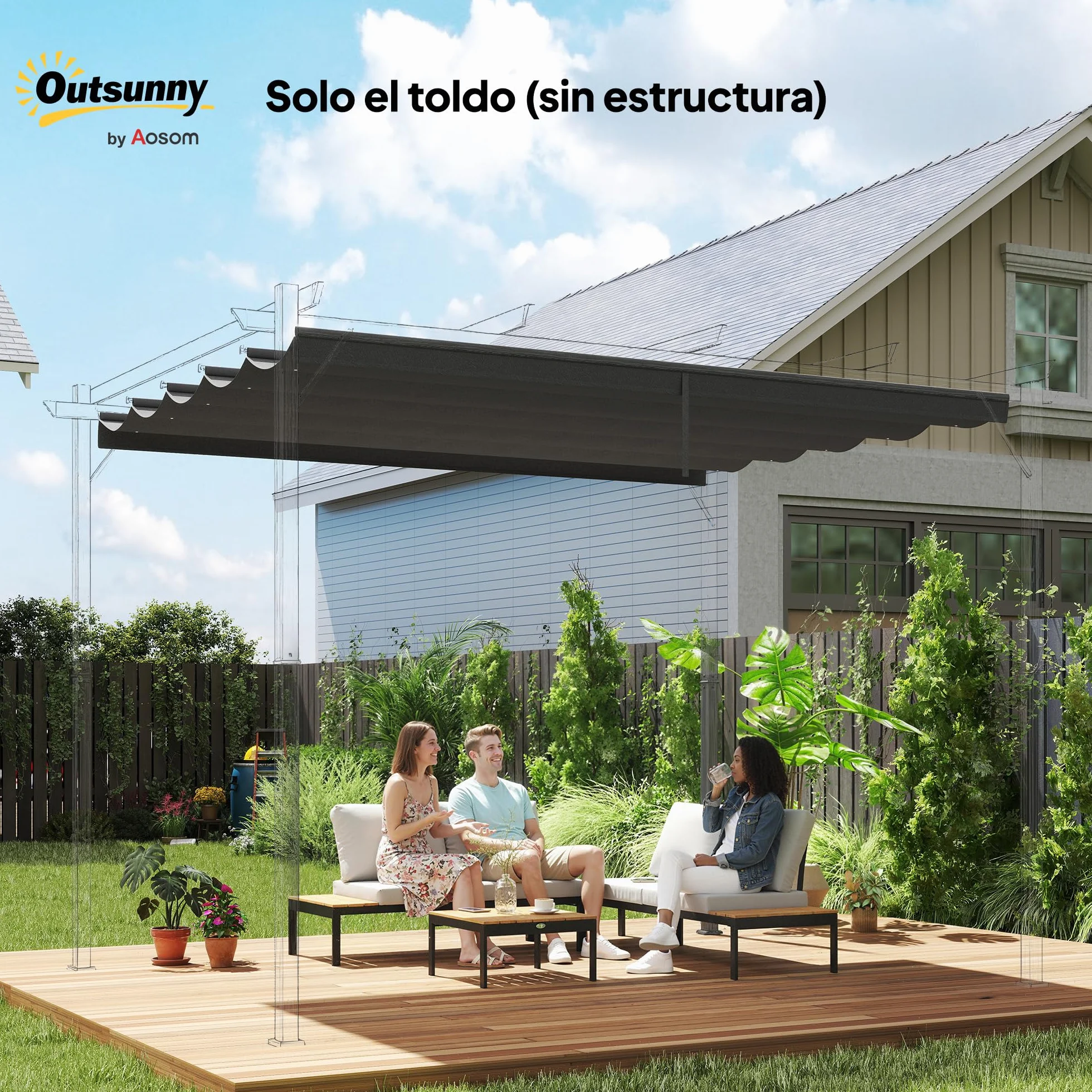 Outsunny Techo de Pérgola 3,5x2,6 m, Techo de Repuesto Retráctil para Marco de Pérgola de 4x3 m, UV30+, Toldo de Tela Solo para Cenador Jardín con 10 Orificios de Drenaje, Gris Oscuro