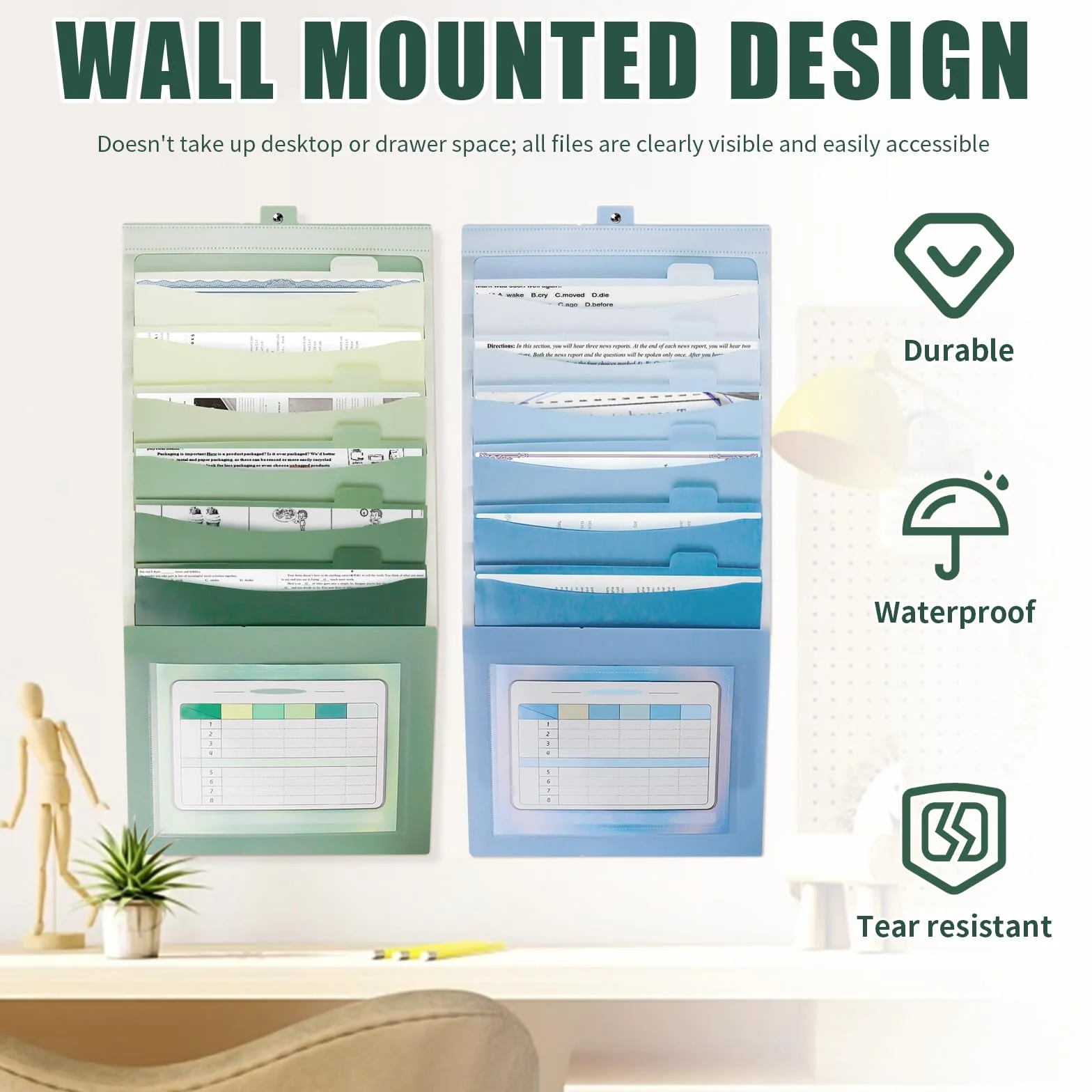Revistero Pared 2 Piezas, Carpeta Clasificadora con 6 Bolsillos Desmontables, Clasificador Documentos (Verde y Azul)