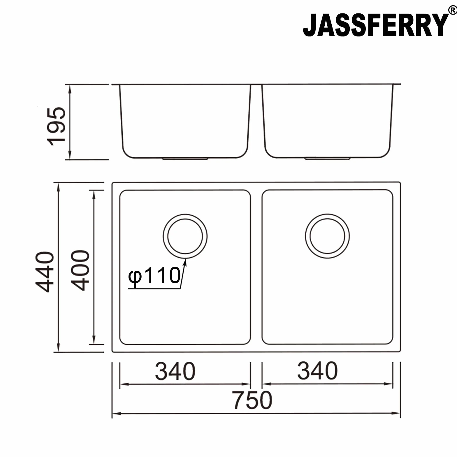 JASSFERRY Fregadero de cocina dos senos, de Acero Inoxidable, bajo encimera, con colador de residuos