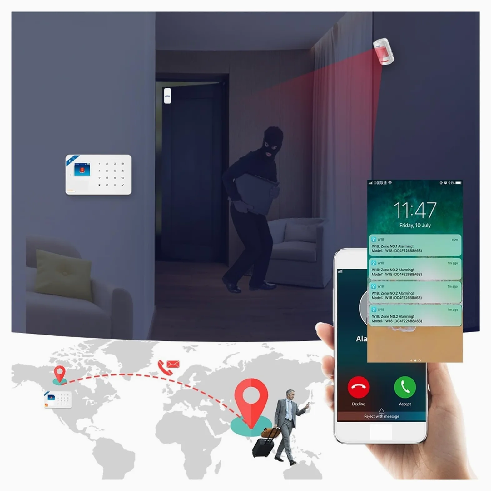 Sistema De Alarma W181, Unidad Central, Alarma WIFI GSM, Sensor De Puerta Inalámbrico Inteligente, Soporte Antirrobo, Control De Aplicaciones(KIT 2)
