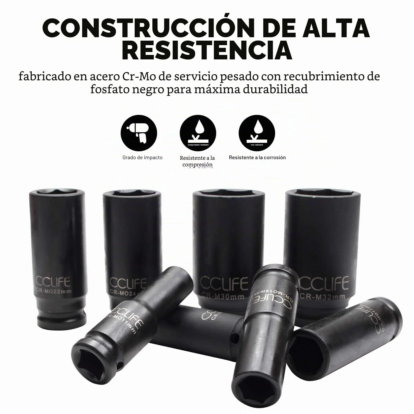 CCLIFE Juego de 16 piezas Llaves de Vaso Impacto 1/2" Vasos de Impacto Largos Cr-Mo 10-32mm
