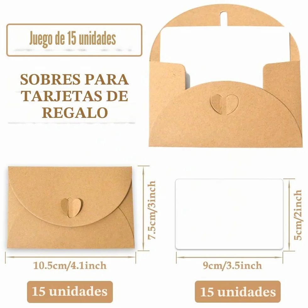 15 Sobres de Papel Kraft con 15 Tarjetas de Papel en Blanco - Mini Sobres con Cierre de corazón para Tarjetas de Regalo DIY Graffiti