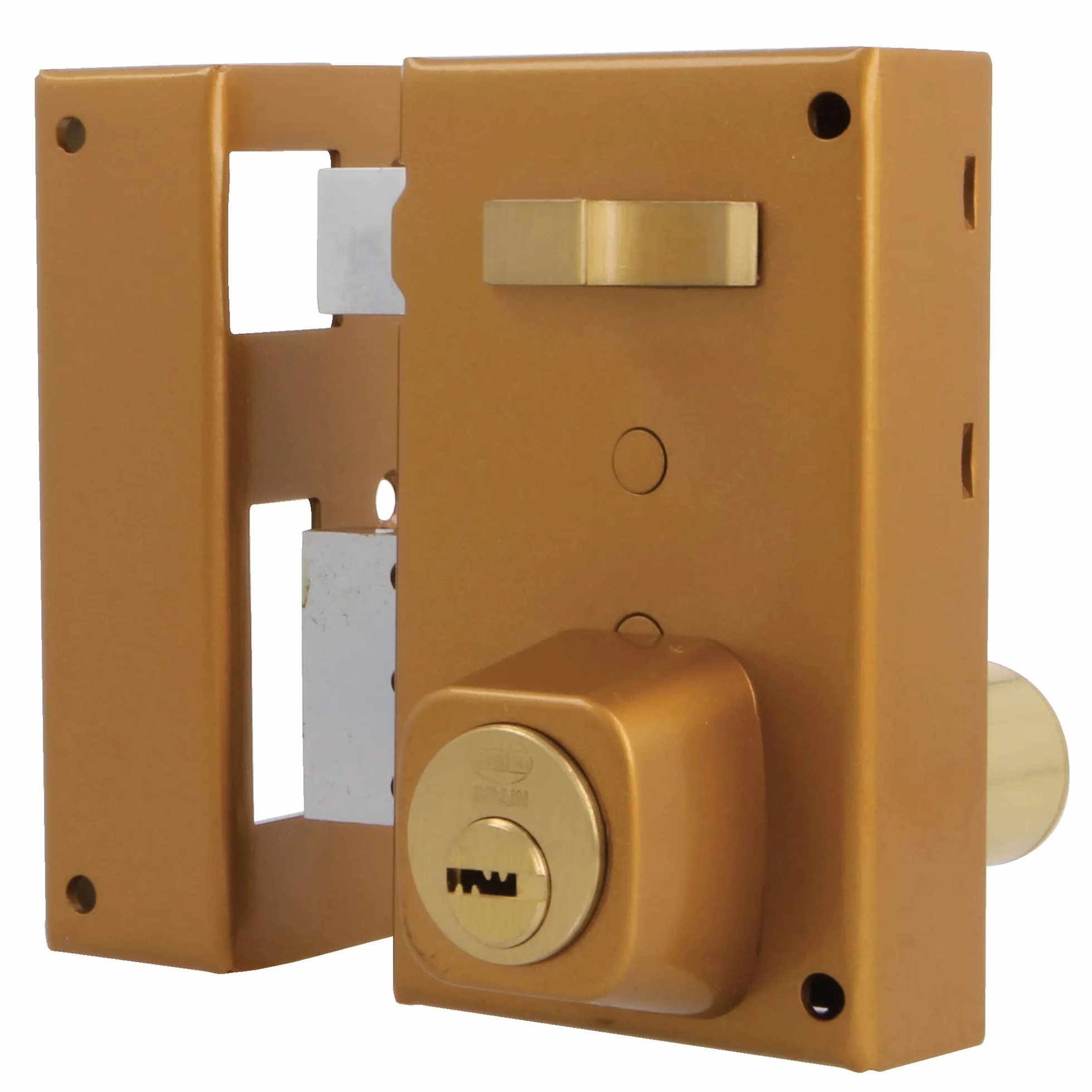 Amig - Cerradura de Sobreponer de Izquierda con Palanca de Cierre, Lengüeta y Tirador para Puertas de Madera Mod. 75, 67 x 112 mm, Cilindro Redondo de Seguridad, Acero Dorado