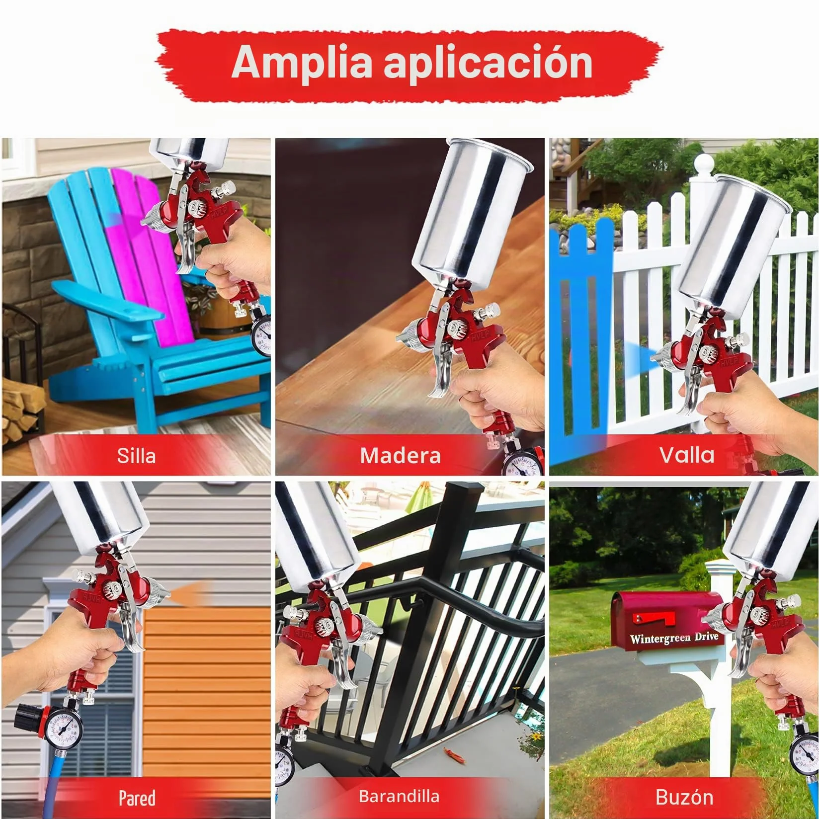 Pindex HVLP Pistola pulverizadora de Aire de alimentación por Gravedad: pulverizador de Pintura con Taza de Aluminio de 1000 CC | 3 boquillas para reparación de Coches, Pintura de Valla (Rojo)