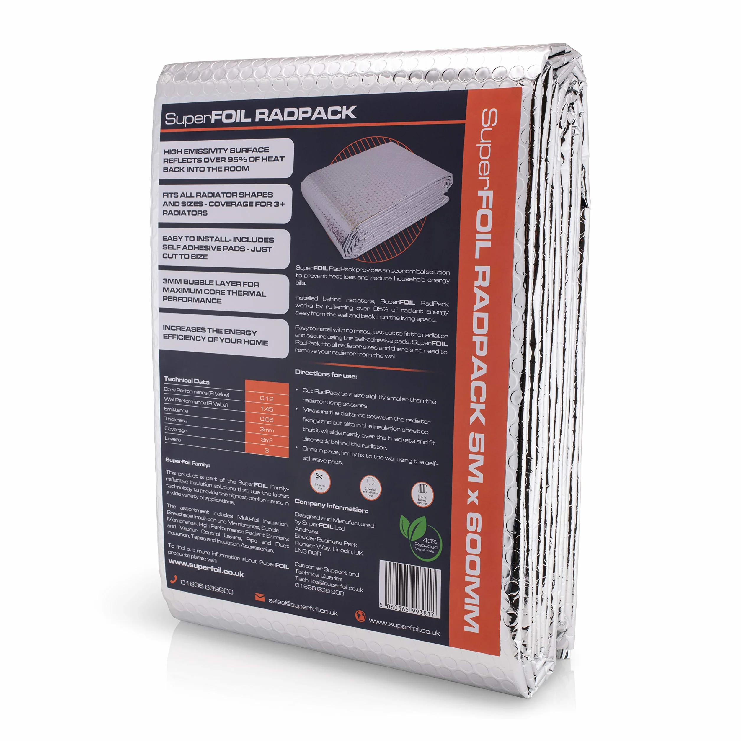 SuperFOIL Radpack, la lámina reflectante de 0.6m x 5m para tu radiador! Aumenta la eficiencia de tu radiador de manera sencilla, y con almohadillas adhesivas incluidas. ¡3mm de grosor!