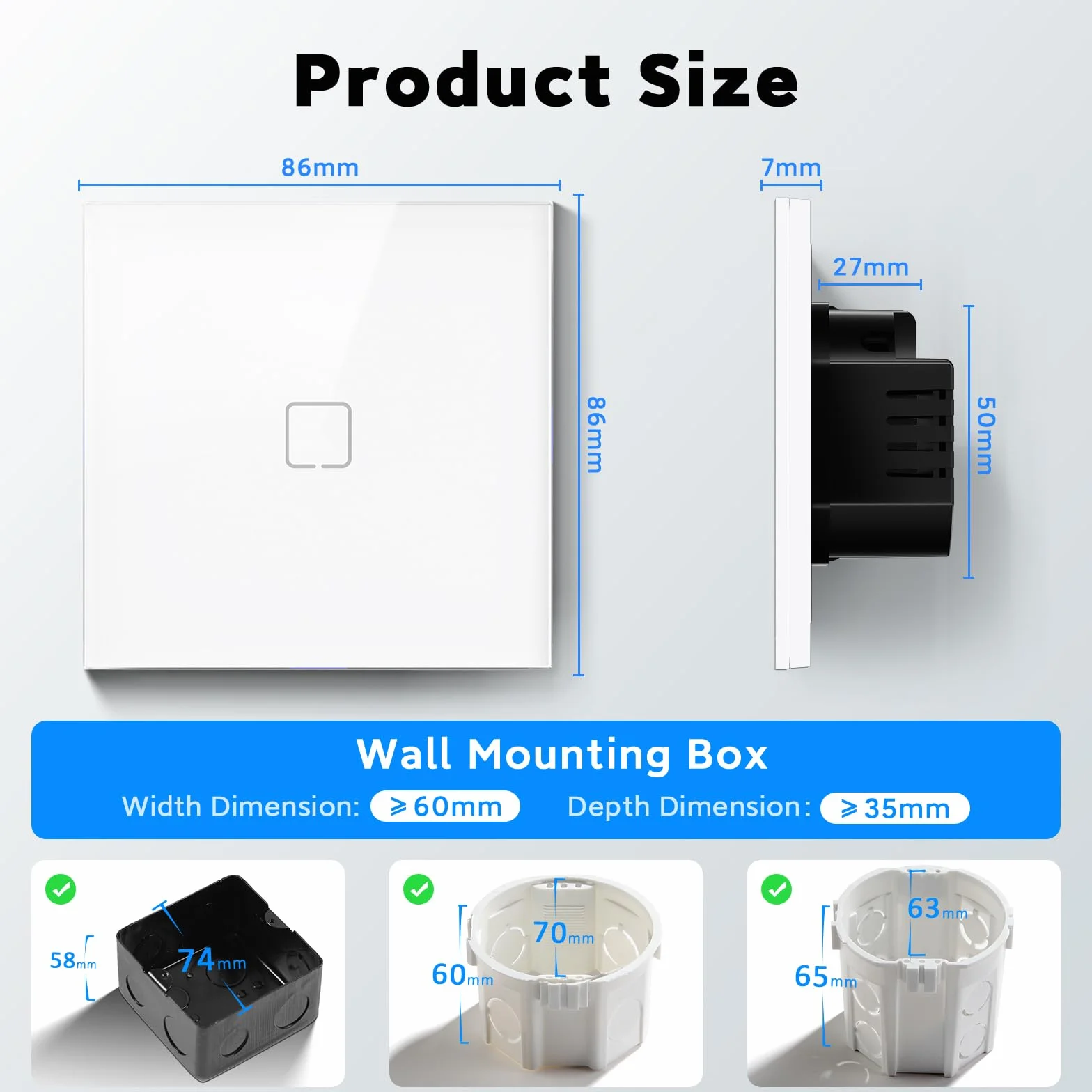 Interruptor Inteligente WiFi Empotrado,Smart Interruptor Táctil Pared,1 Gang 1 Vía 86 * 86 mm,Compatible con Alexa y Google Home (Aplicación Tuya/Smart Life),Blanco