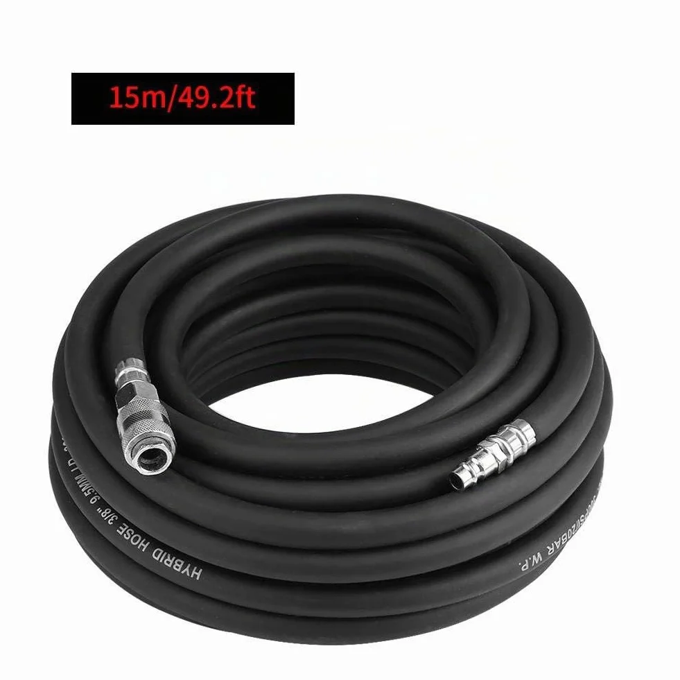 Manguera de aire comprimido flexible, manguera de aire neumática de goma con conexión rápida presión de explosión máxima de 900 Psi para compresor negro 15m