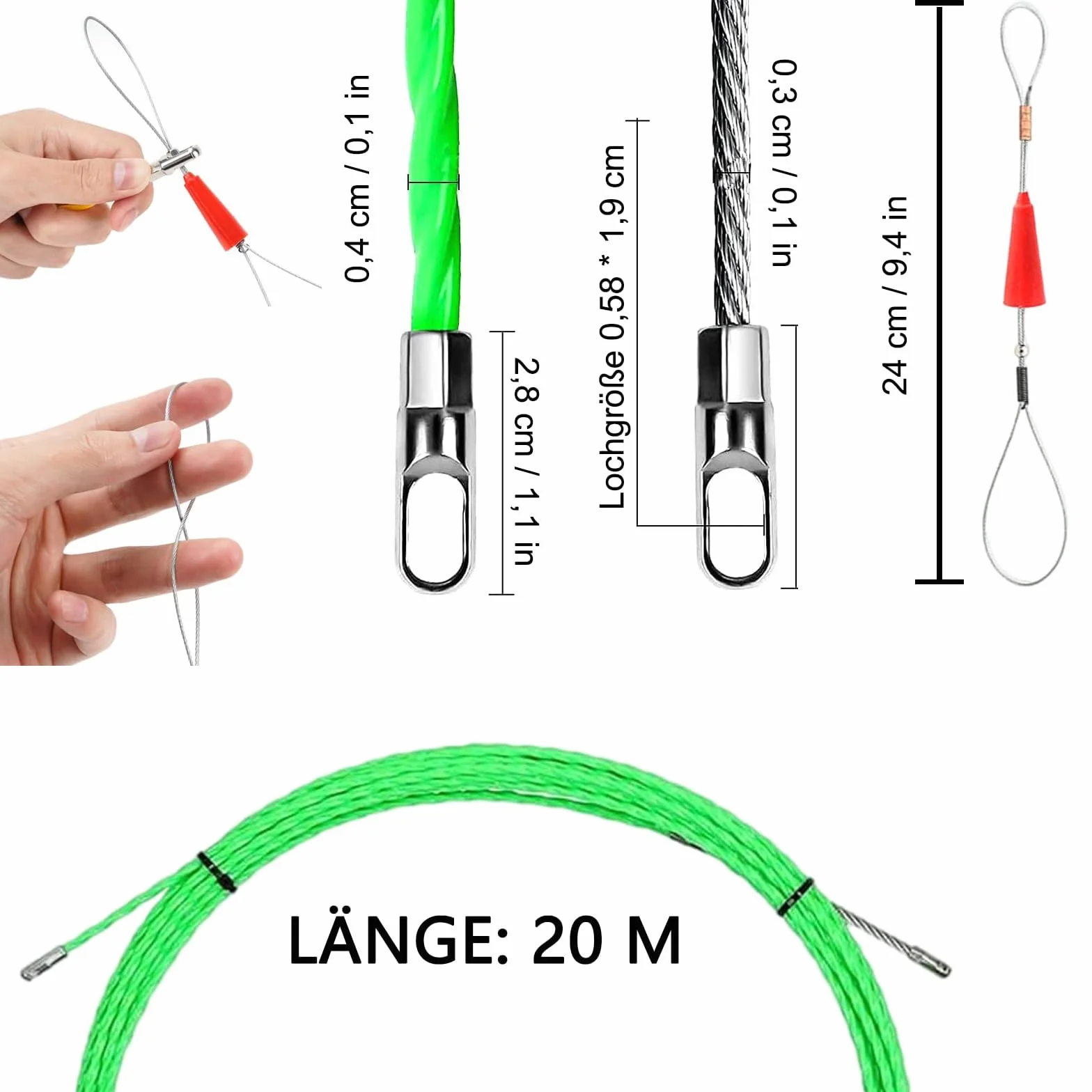 Ayuda para pasar cables, espiral de inserción de 20 m, diámetro de 4 mm para guía de cables, ayuda para el tendido de cables, ayudas para pasar cables, adecuado para fibra óptica, electricidad