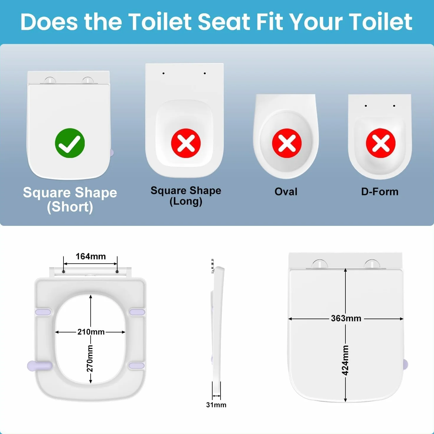 Tapa Wc Forma Cuadrado [Corto],YEAUPE PRO Asiento de inodoro cuadrado con cierre suave y liberación rápida para una fácil limpieza,universal para inodoros de forma cuadrada,42,4 * 36,2 * 4,4CM