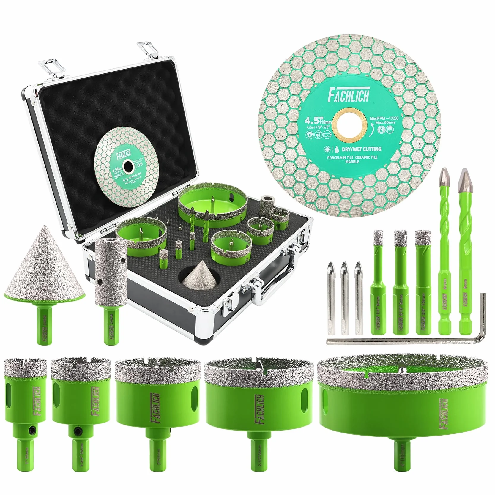 Kit de sierra perforadora para azulejos, 16 piezas de sierra perforadora de diamante (6/8/10/25/35/50/65/100 mm) con broca de dedo y broca de chaflán, brocas para azulejos de porcelana