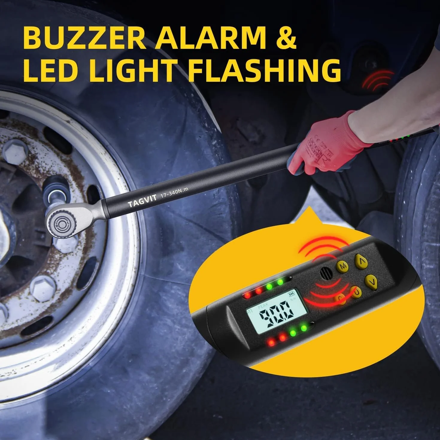 Llave Dinamométrica Digital 1/2", ±2% Alta Precisión, 17-340 Nm Llave Dinamométrica con Zumbador y Pantalla LED para Moto, Coche y Camión
