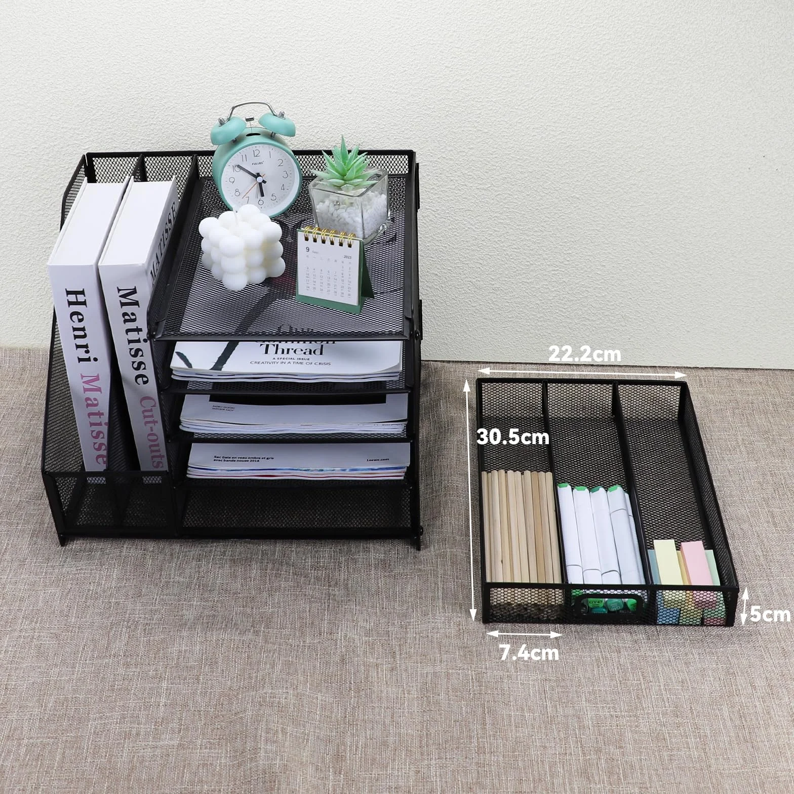 Organizador de Escritorio 5 Niveles Malla Metálica Bandejas Papel con Estante Archivos Cajones Revistero Almacenamiento Oficina