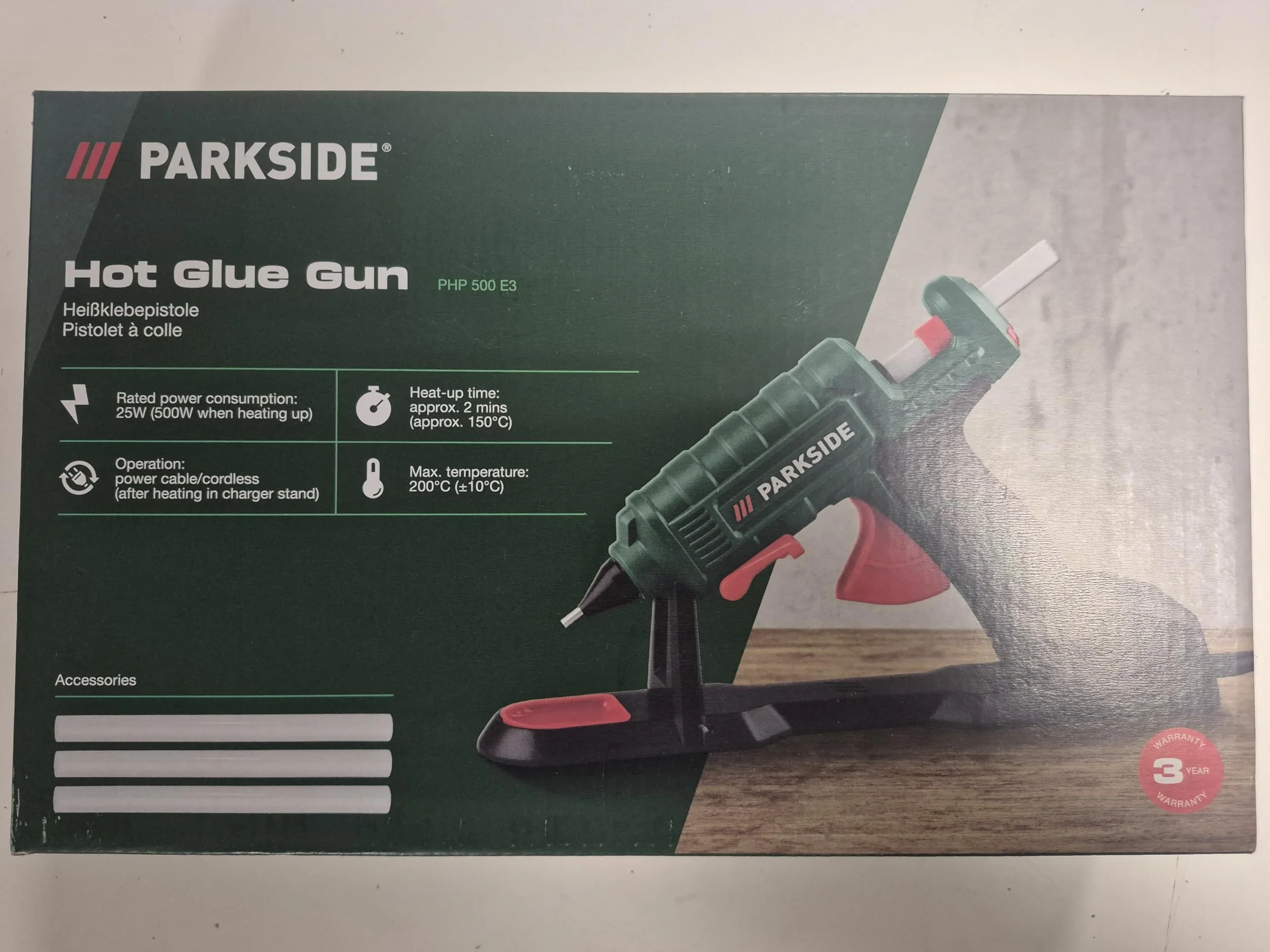 PARKSIDE PHP 500 E3 Pistola de pegamento inalámbrica 25 W, incrustación: Ø 11 mm, 200 °C, pistola de pegamento 200 °