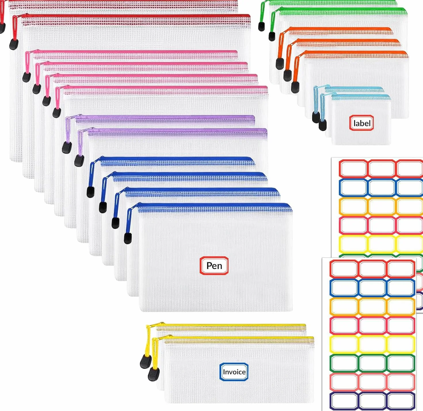 21 Piezas Bolsas Transparentes con Cremallera, Bolsa de Malla Impermeable, Bolsa para Organización Archivos, Bolsas de Plastico con Cierre Cremallera, para Recibos, Oficina, Viaje, Escolar