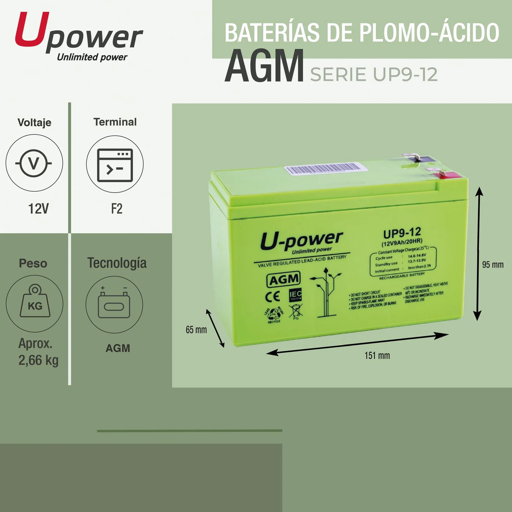 U-Power Batería AGM 12V 9Ah – Sellada Recargable Plomo-Ácido VRLA – para Alarmas, SAI/UPS, Seguridad, Juguetes Eléctricos y Más – Terminal Faston F2 (6.3 mm)