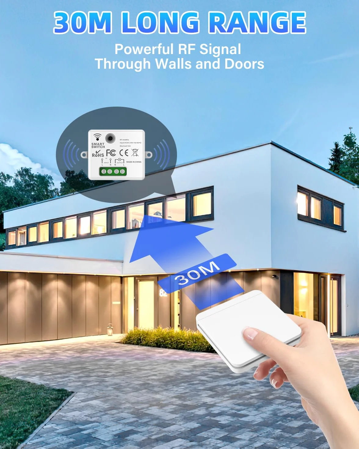 Interruptor inalambrico, 433Mhz 220V wireless light switch, interruptor con mando a distancia alcance de 30 metros,para lámparas de hasta 1500W (2 interruptor + 1 transmisor)