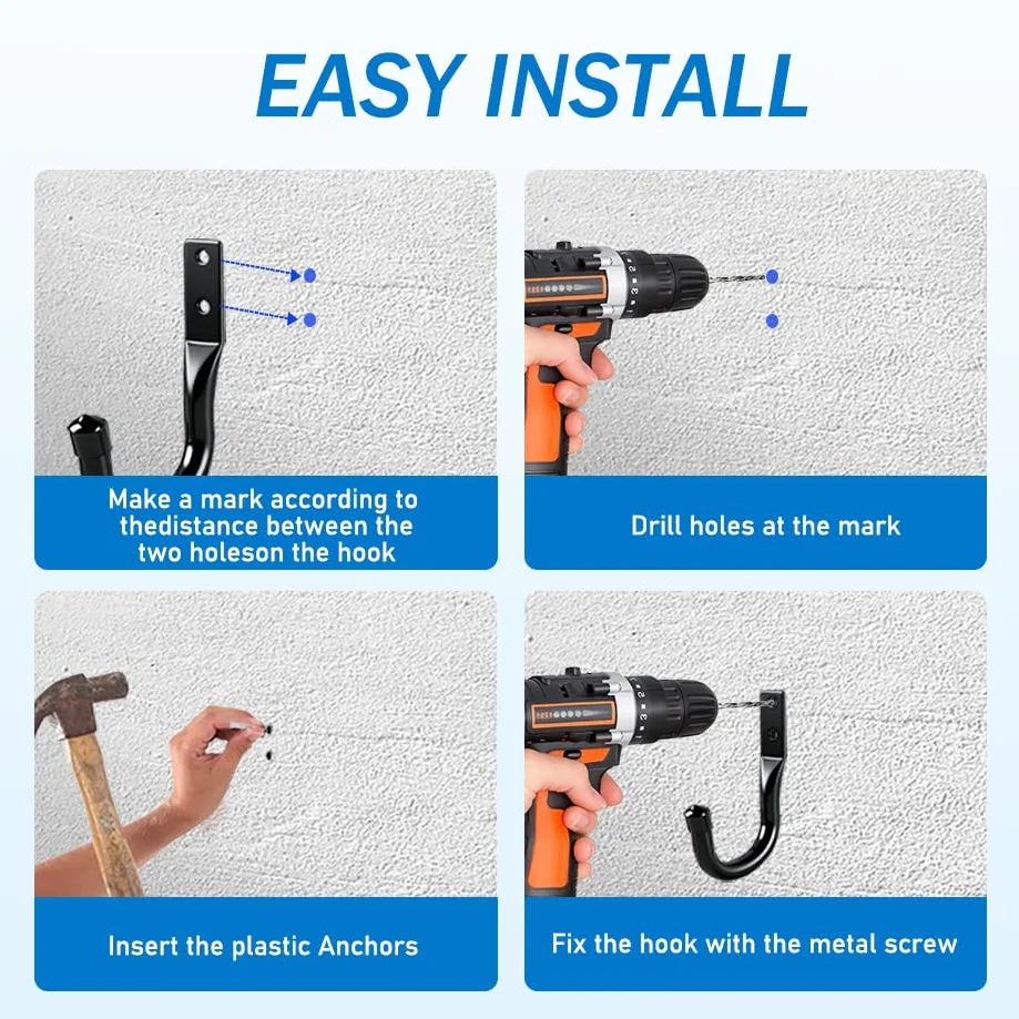 6 Pcs Gancho Pared de Garaje Resistentes, Gancho Bicicleta Ganchos para Colgadores de Pared Negro, Soporte Ganchos en J para Herramientas de Jardín Eléctricas