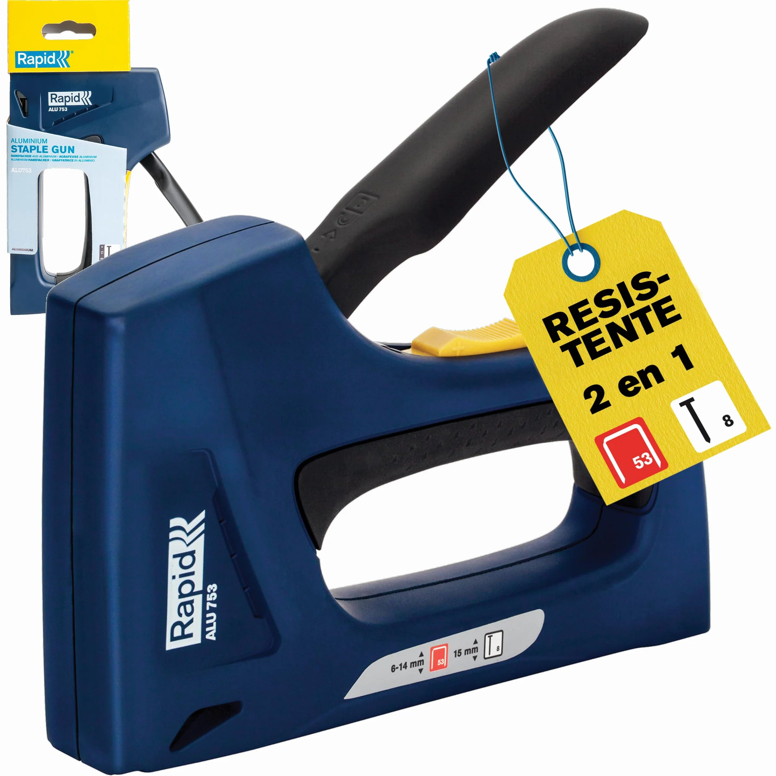 Rapid Grapadora Dual Profesional ALU753 para Grapas No. 53 y Clavos No. 8, Grapadora Manual con Regulador de Esfuerzo de 2 Posiciones, Mango Ergonómico y Mecanismo Interno Metálico (5001677)
