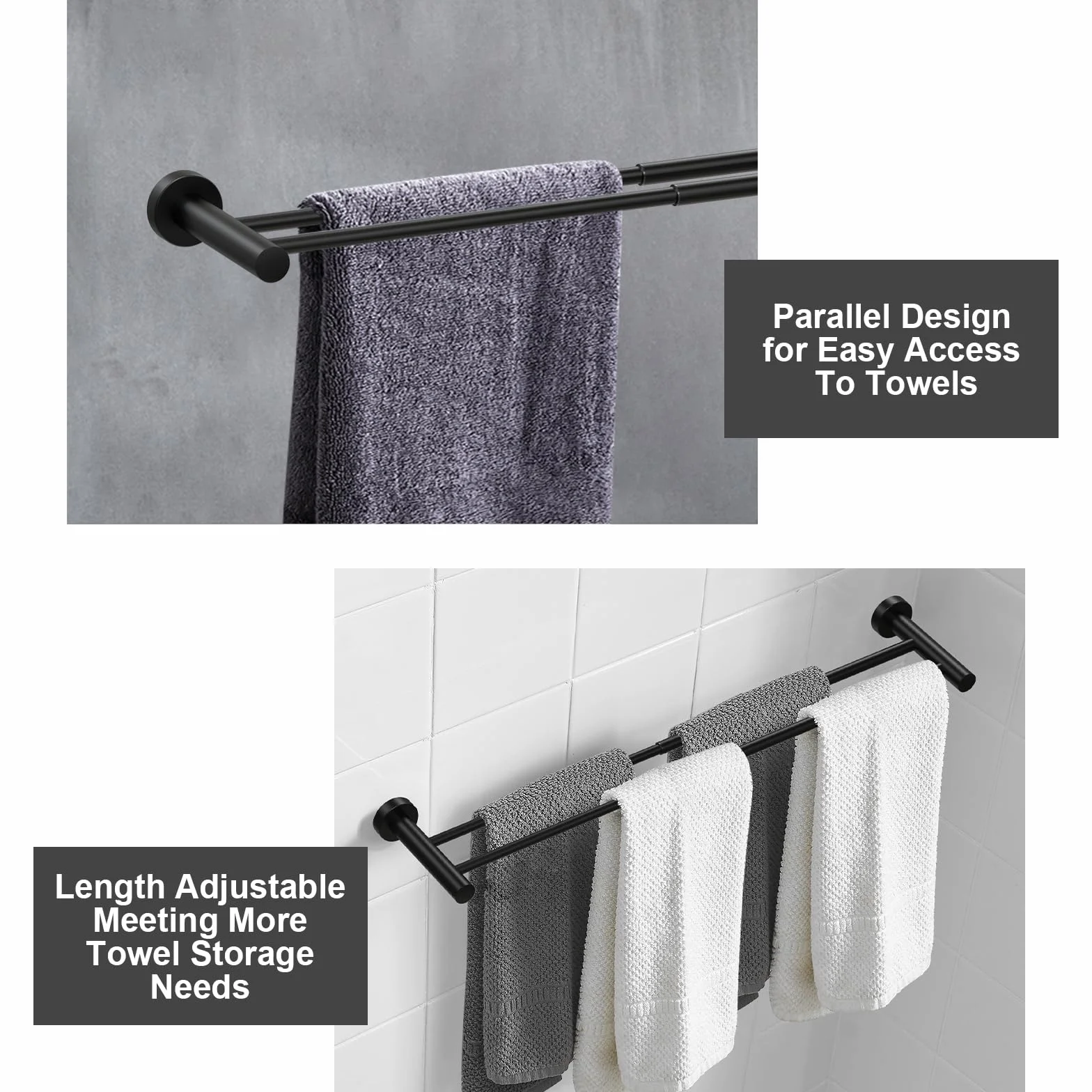 Toalleros Pared Toalleros Baño Toallero Barra Toalla de Mano Toallero Ajustable Retráctil 43-72CM para Montar en la Pared, toallero de Barra para Cocina, baño, Inodoro, Negro (Barra Doble)
