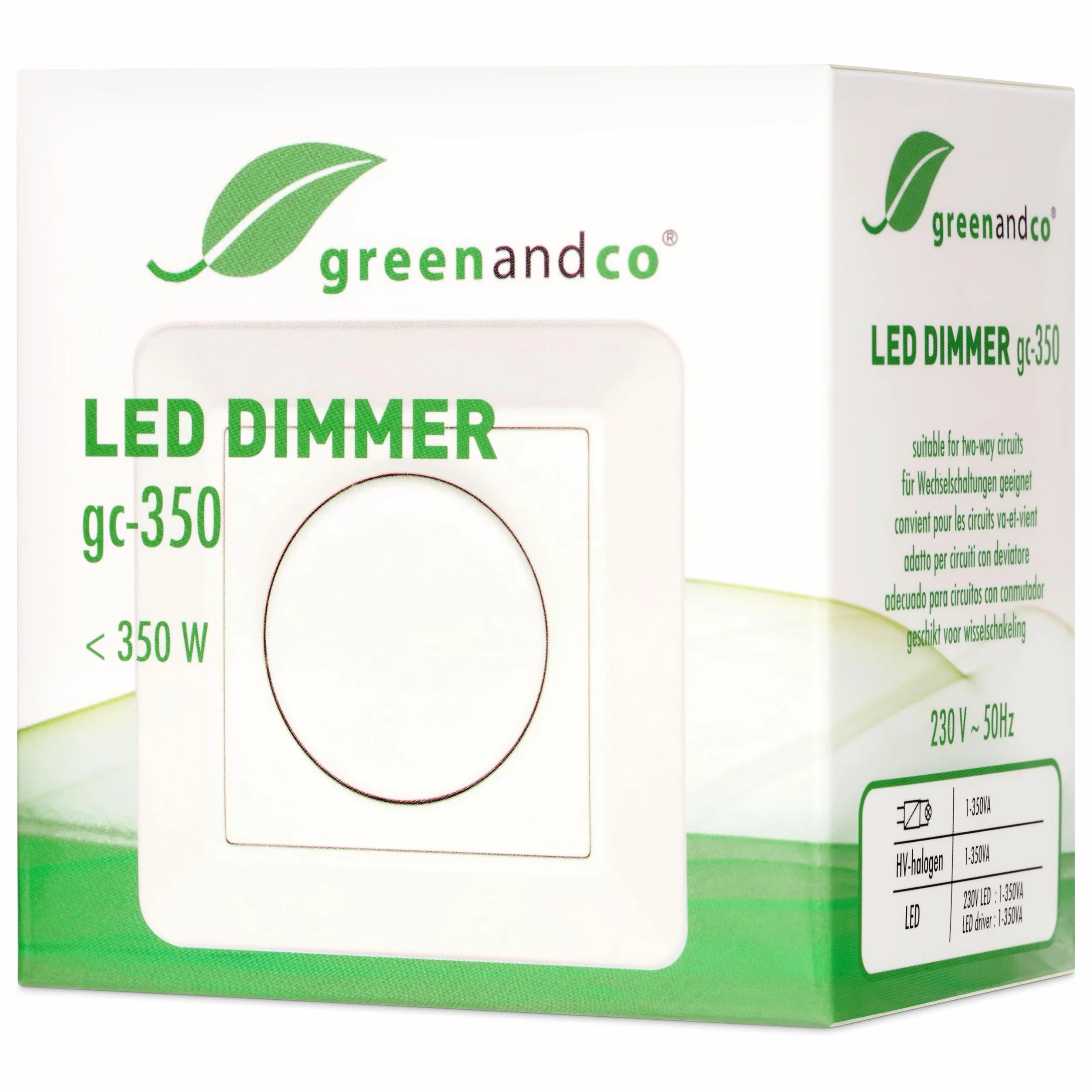 greenandco gc-350 regulador de intensidad LED giratorio | 1-350 W | también adecuado para circuitos con conmutador | función de disparo programable | empotrable | blanco