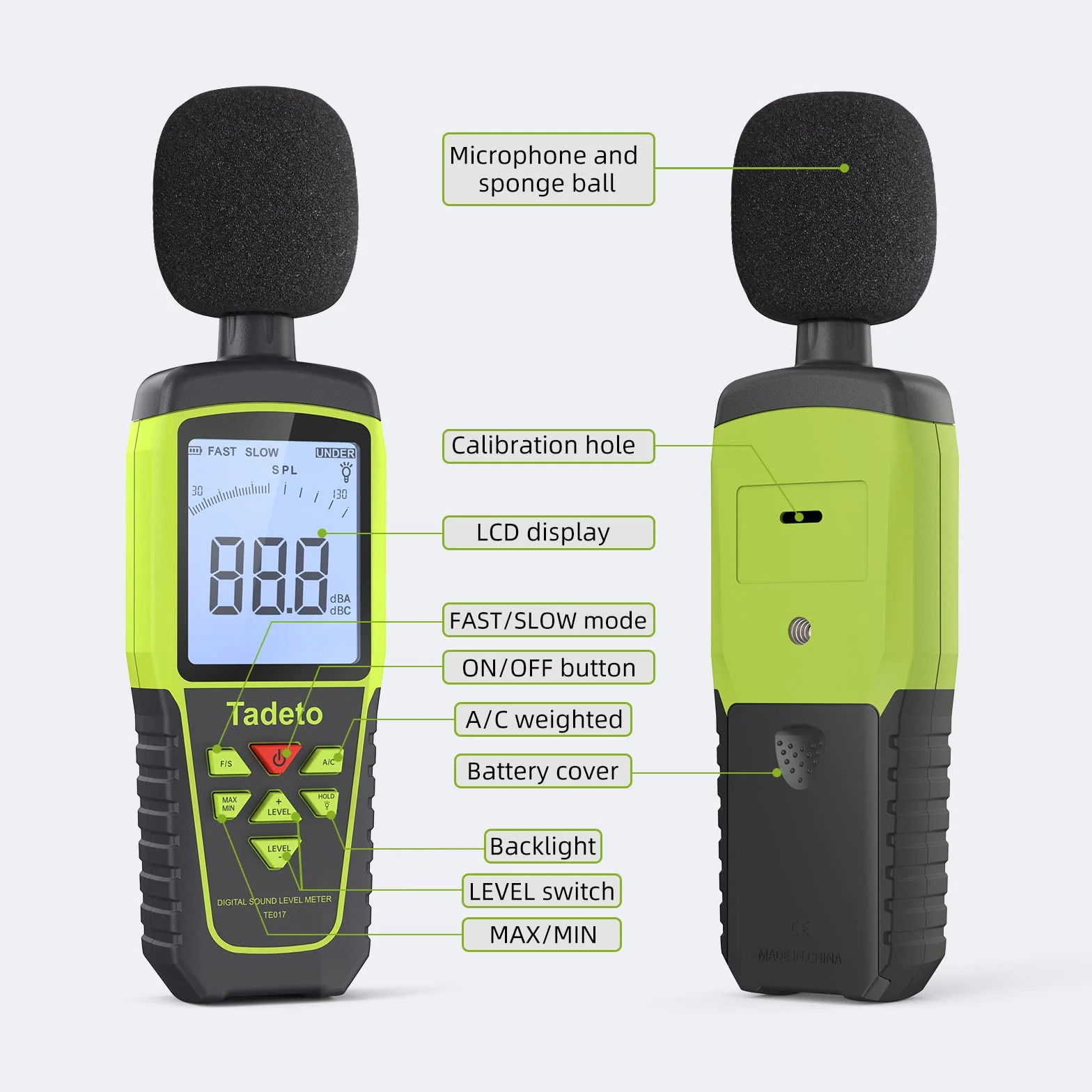 Sonometro Tadeto Medidor Decibelios Portátil 30dB-130dB Pantalla LCD Retroiluminada MAX/MIN