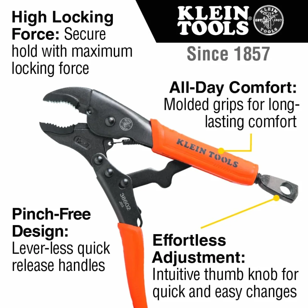 Klein Tools 38665 Juego de alicates de bloqueo, punta larga de 6 pulgadas, mandíbula curvada de 7 y 10 pulgadas, alto par, agarres de topo para sujetar y agarrar, 3 piezas