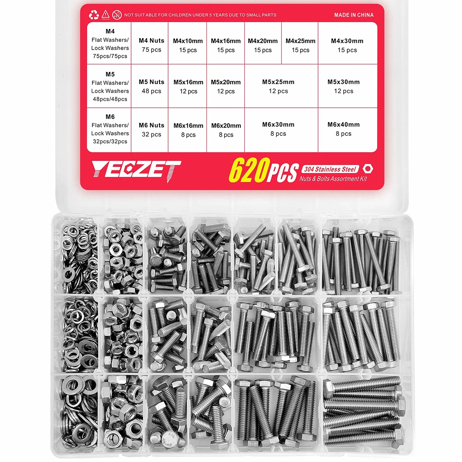 Juego de 620 tornillos y tuercas resistentes M4, M5 y M6 de acero inoxidable 304, incluye 13 tamaños más comunes