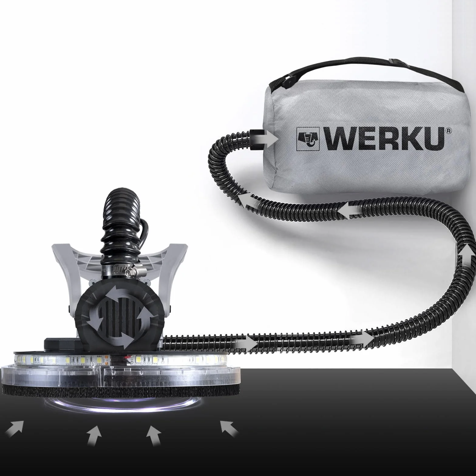 Werku WK403070, Lijadora Circular Paredes-Techos Auto-Aspirante, Calidad Profesional, Potencia 750 W, Disco 225 mm, Sistema Luz LED Visión, Incluye Disco Lijado y Manguera Aspiración