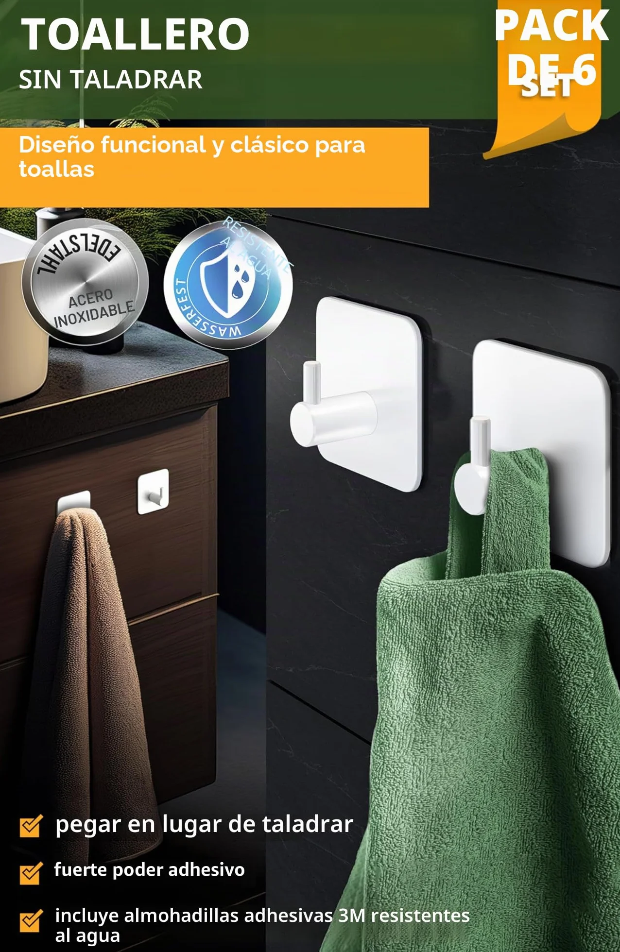 4smile ganchos adhesivos para pared - 6 piezas, Inoxidable - colgador toalla baño - toalleros sin taladro autoadhesivos resistentes, perchas para baño cocina, Blanco
