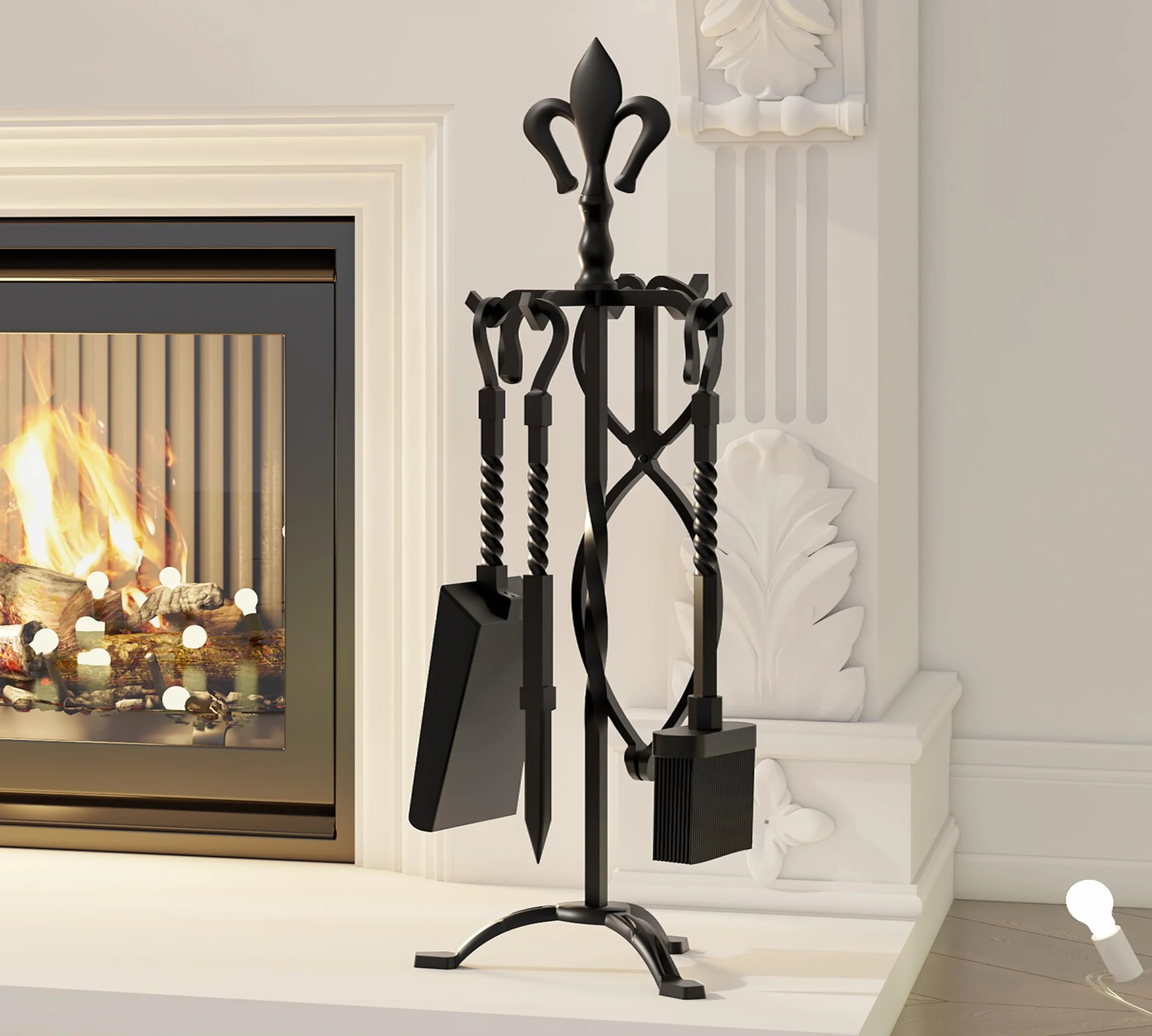 Kingson - Set de 5 piezas de accesorios para chimenea de hierro fundido – Acabado negro – Incluye atizador, pinzas, cepillo, pala y soporte – Juego de herramientas para chimeneas abiertas