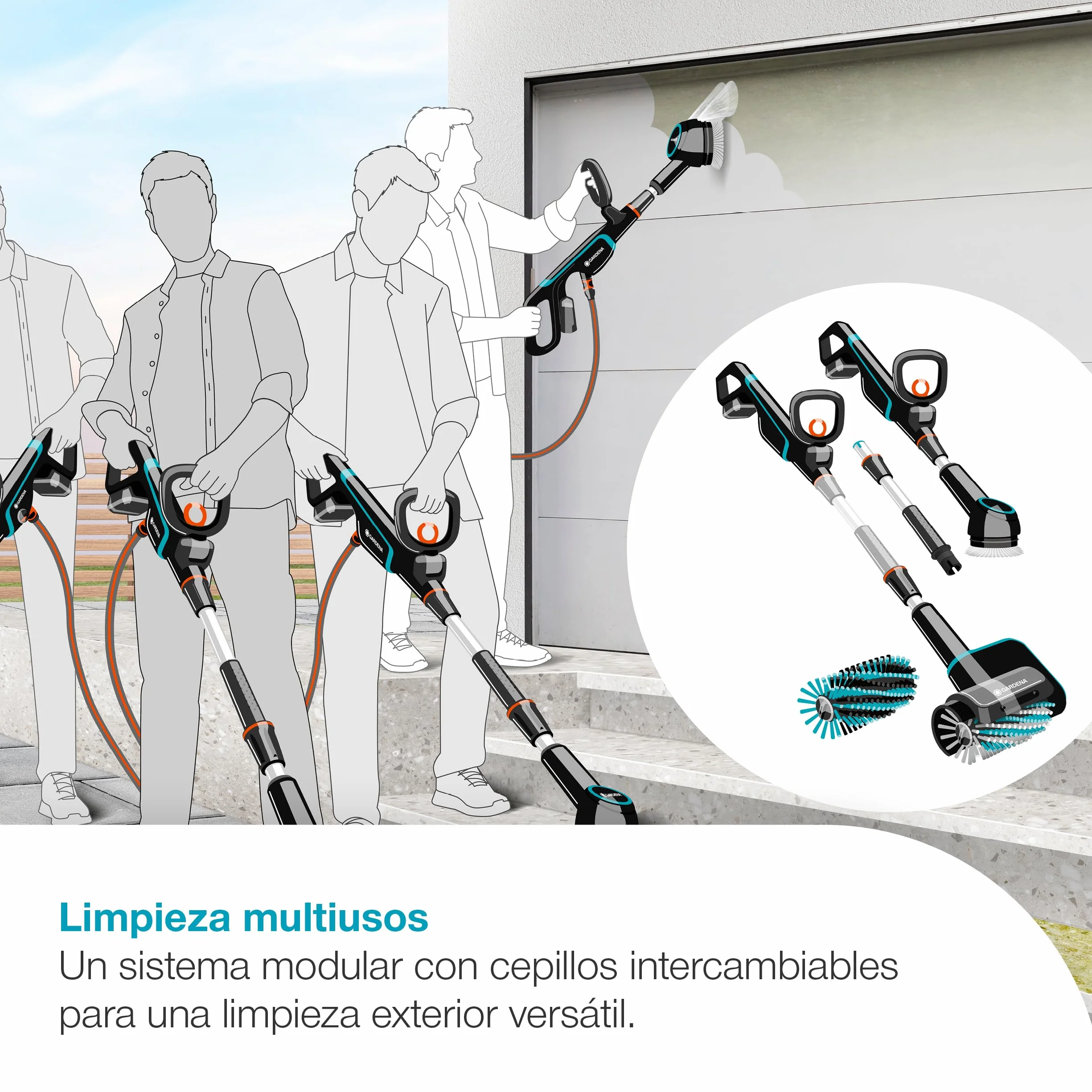 Gardena Multi limpiador AquaBrush Universal a batería 04/18V P4A Set listo para usar: Exterior, Superficie universal, Cepillo de perfilado, Funcionamiento con un solo toque, Sin cable (14842-20)